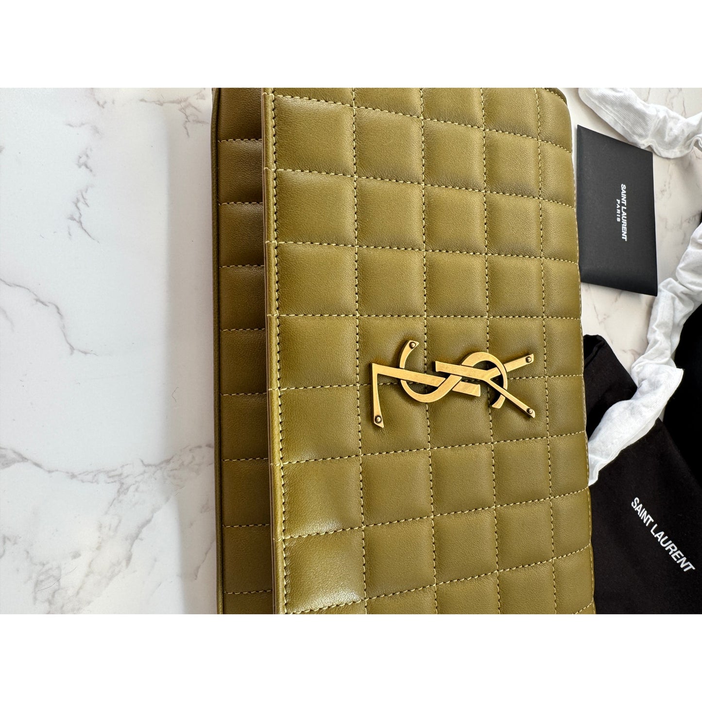 YSL Quilted Carre Cassandre Chain Wallet in Olive Green