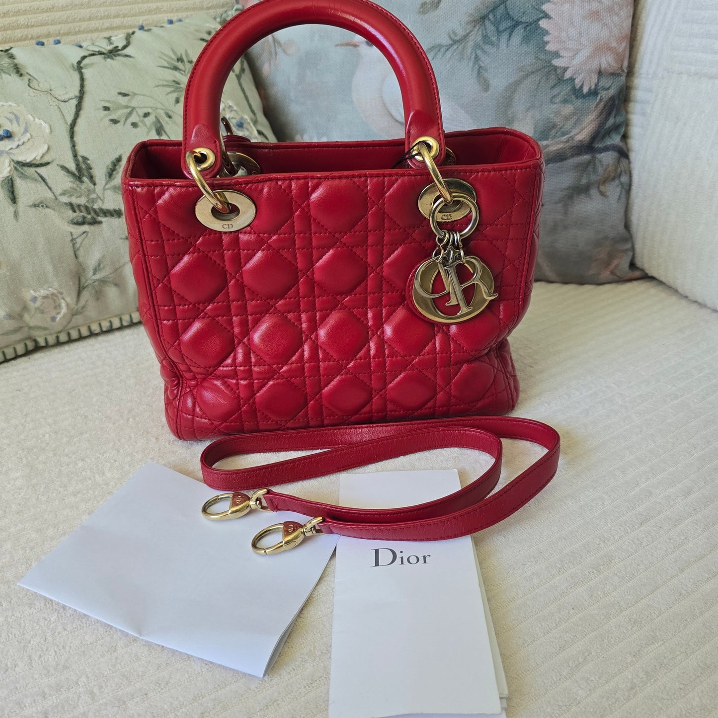 Christian Dior Lady Dior Red Quilted Lambskin Cannage Leather with Gold Hardware