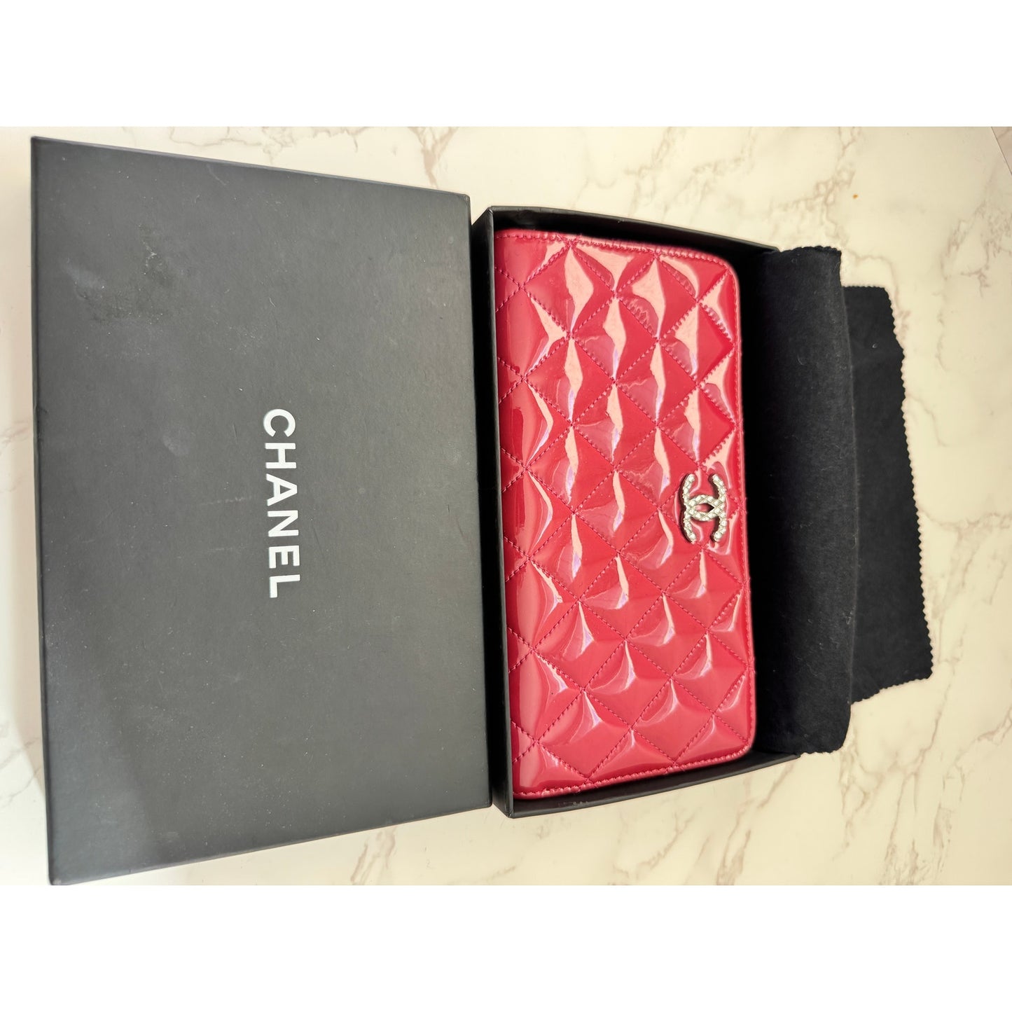 Chanel Red Quilted Patent Leather Zip Around Wallet w/Silver Tone CC