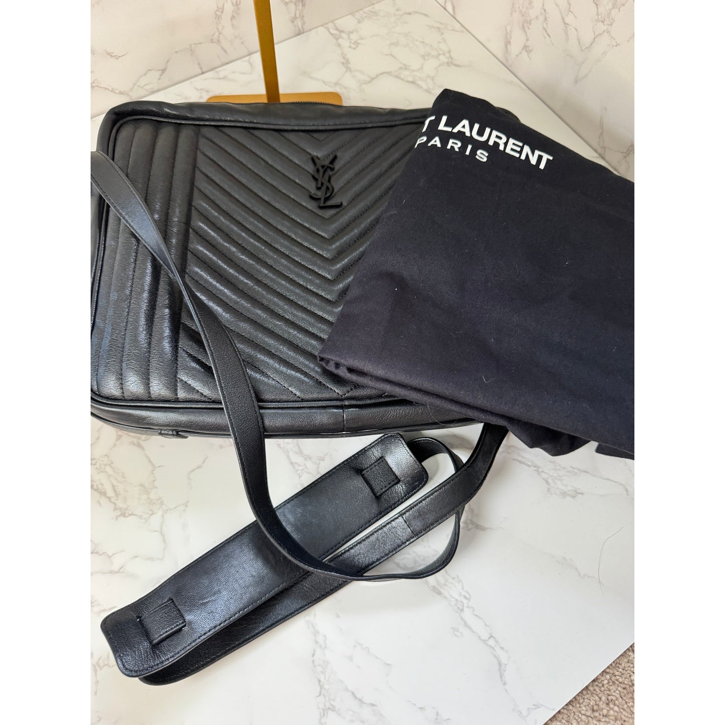 Yves Saint Laurent Large Lou Camera Bag in Black Chevron Calfskin