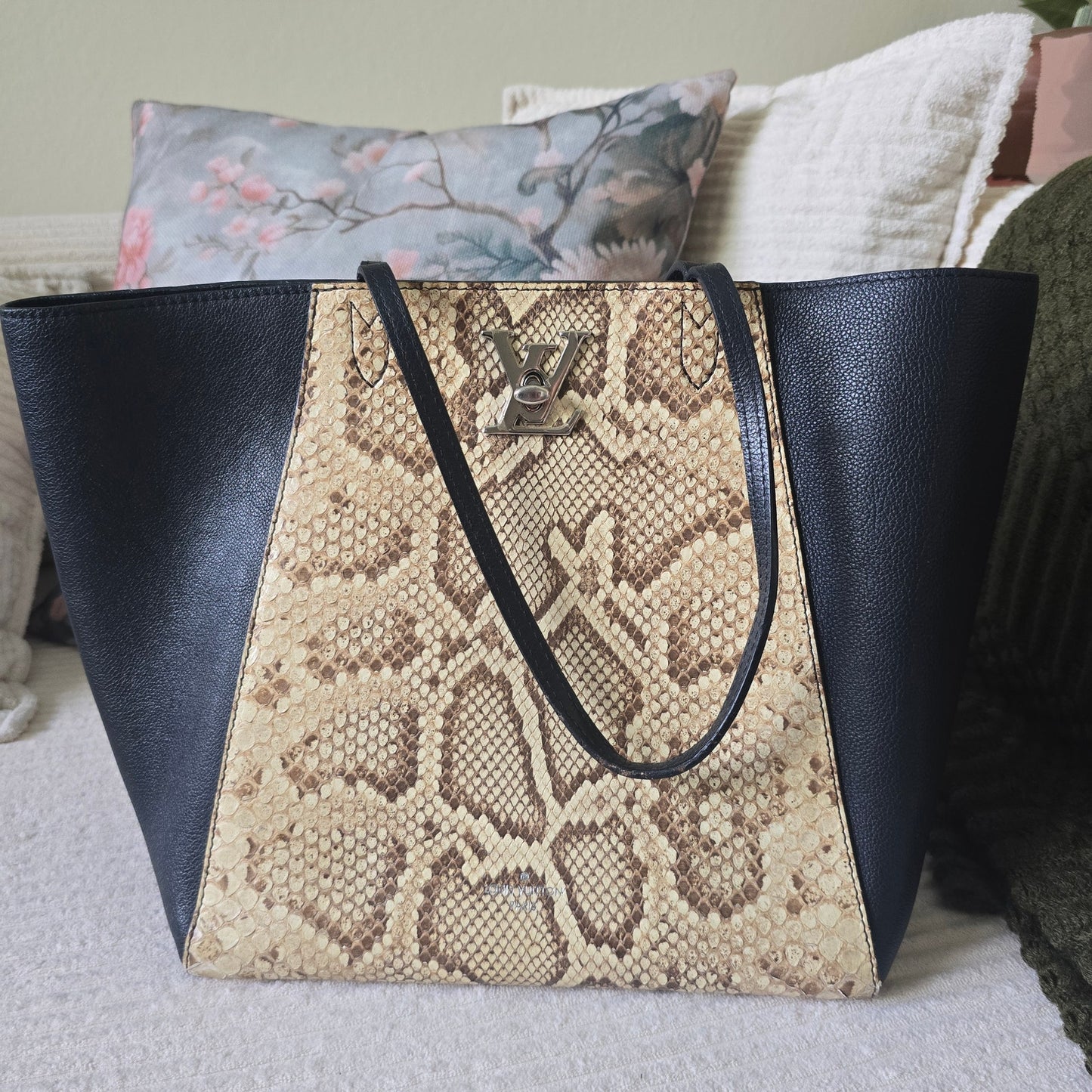 Louis Vuitton Lockme Cabas Python Leather Tote Bag Black/Natural Exotic
