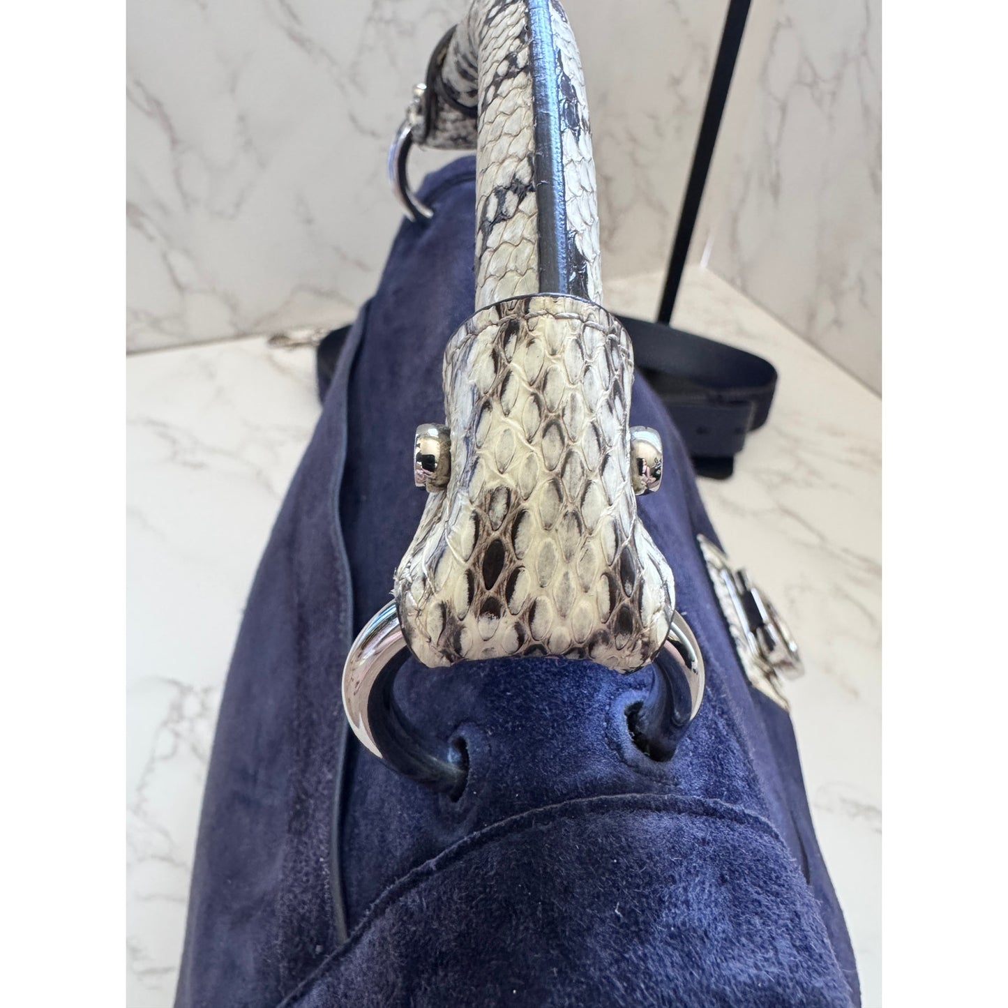 Salvatore Ferragamo Blue Suede and Exotic Python Top Handle Sophia Bag