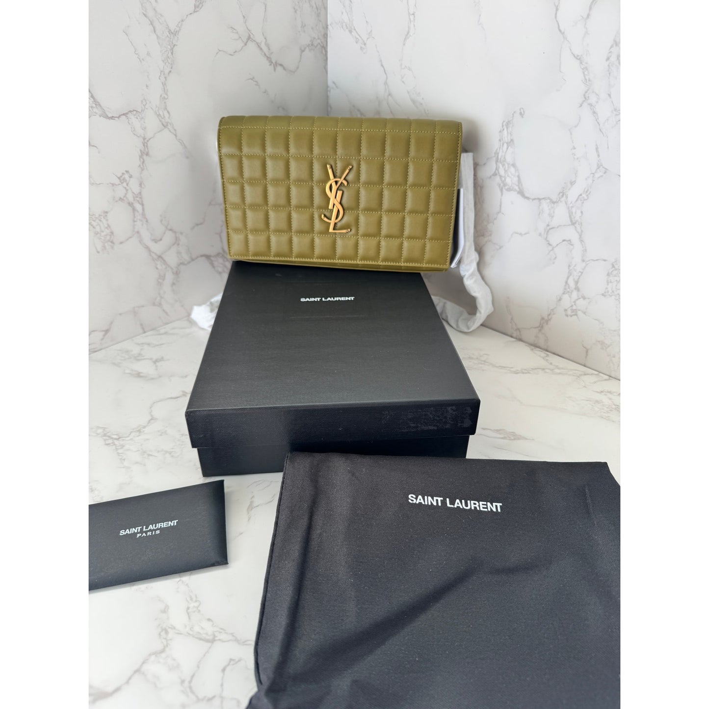YSL Quilted Carre Cassandre Chain Wallet in Olive Green