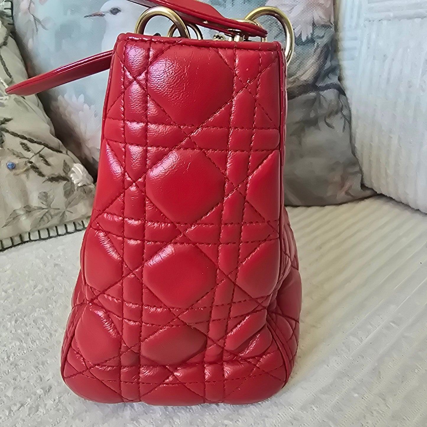 Christian Dior Lady Dior Red Quilted Lambskin Cannage Leather with Gold Hardware