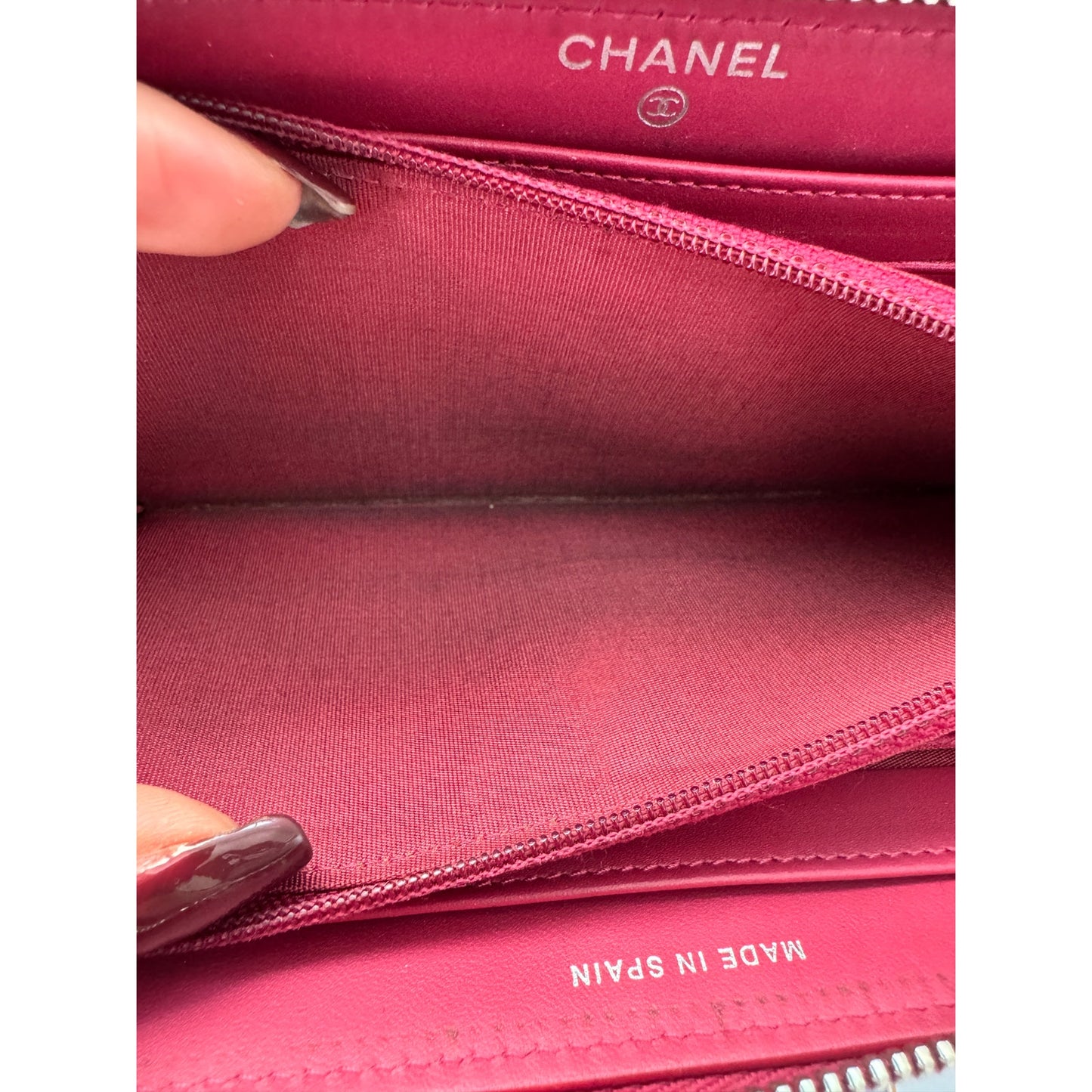 Chanel Red Quilted Patent Leather Zip Around Wallet w/Silver Tone CC