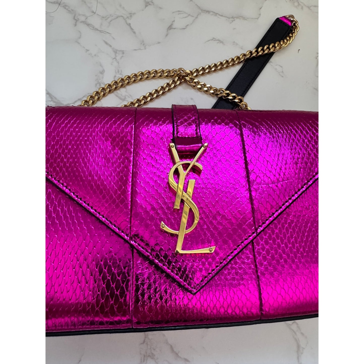YSL Metallic Small Kate Snakeskin Fuchsia Pink Chain Crossbody, Rare!