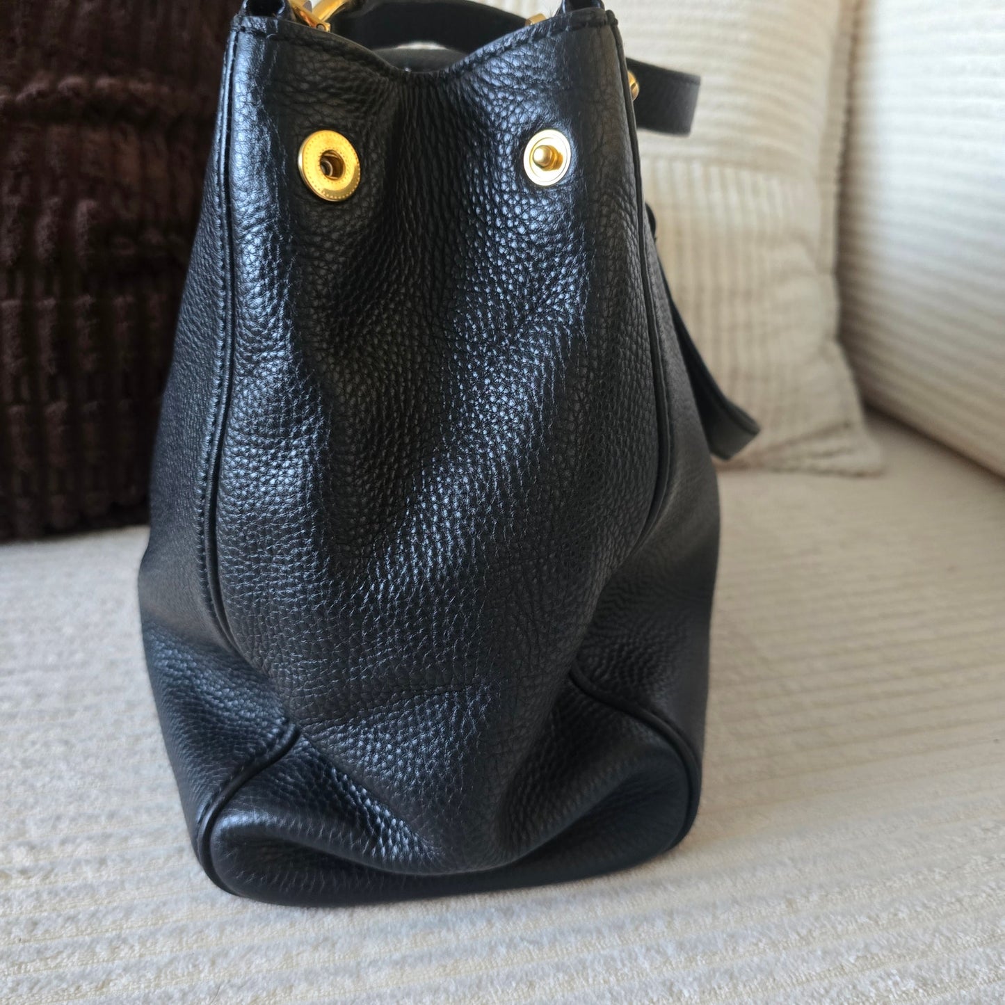 Miu Miu Black Vitello Caribu Leather Double Zip Large Tote Bag Gold