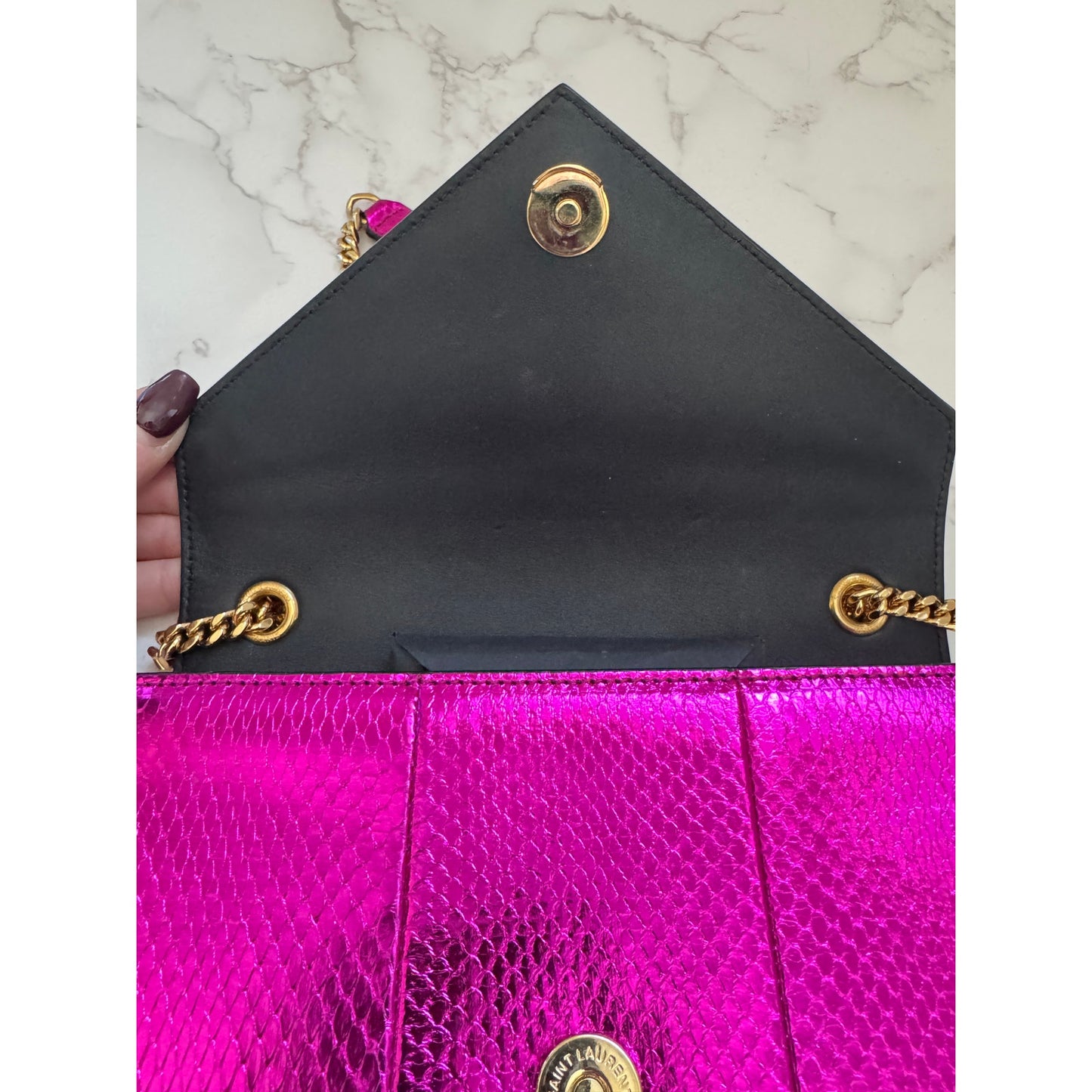 YSL Metallic Small Kate Snakeskin Fuchsia Pink Chain Crossbody, Rare!