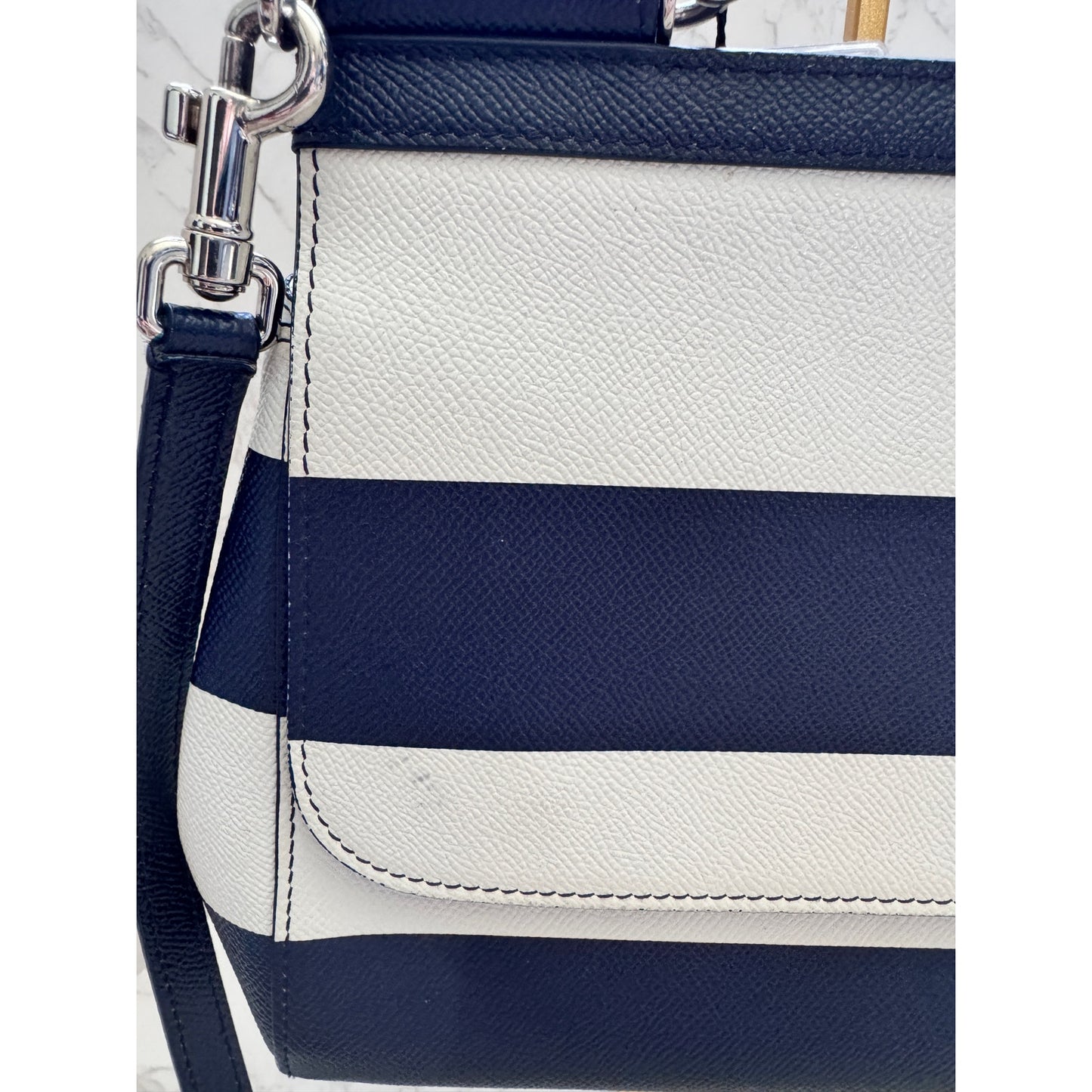 Dolce & Gabbana Siciy Striped Dauphine Leather Bag -  Navy/White