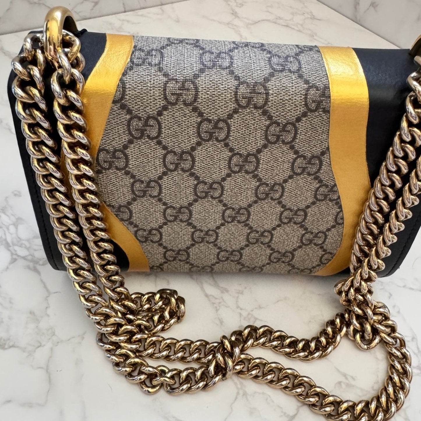 Gucci Padlock Calfskin GG Supreme Monogram Small Shoulder Bag Black Gold