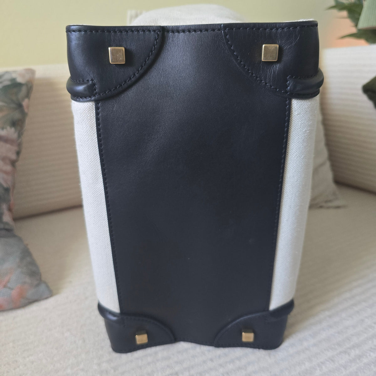 CELINE Mini Luggage Tote Canvas Black Leather Handbag