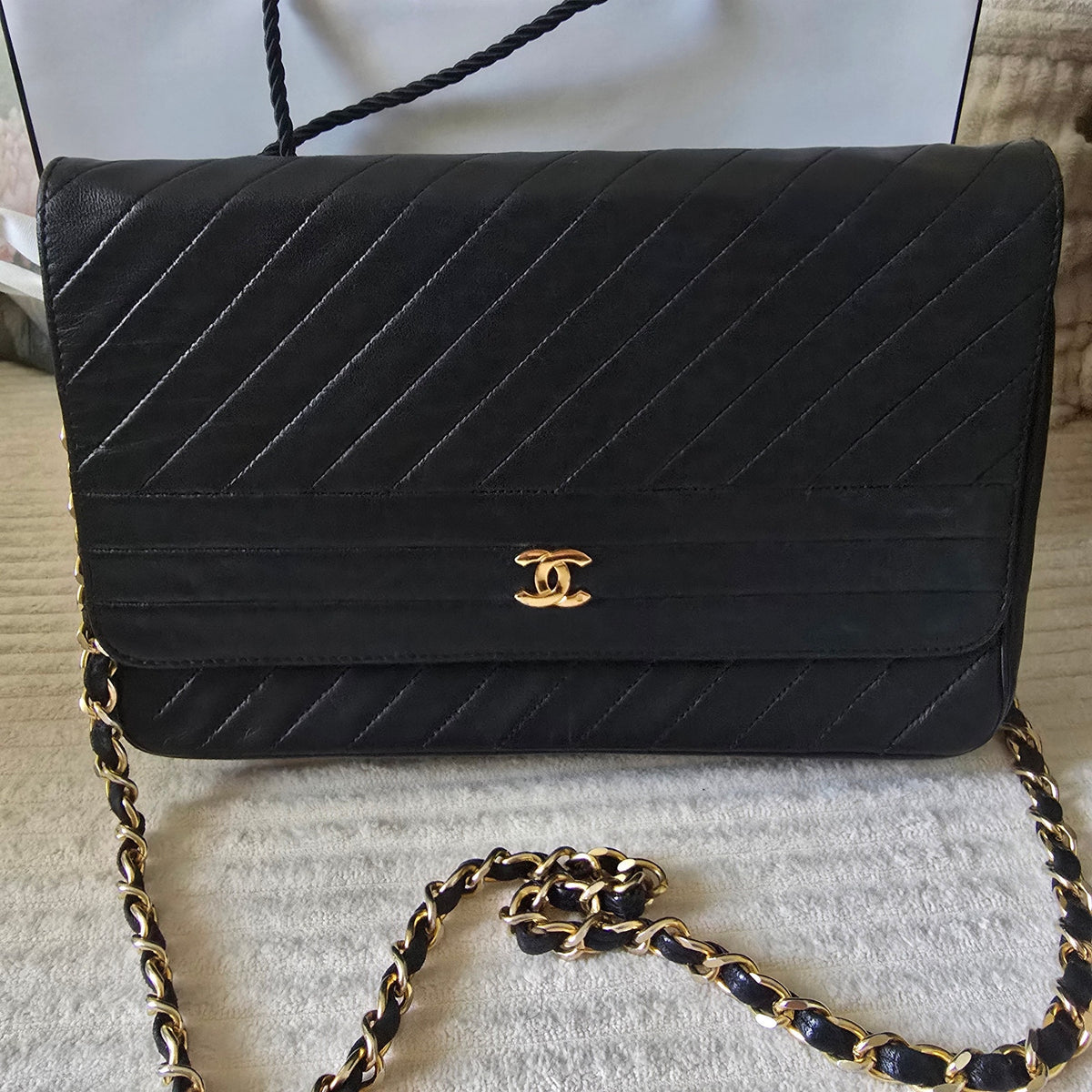 CHANEL Vintage Black Lambskin Diagonal Stitch Chain Flap Bag GHW