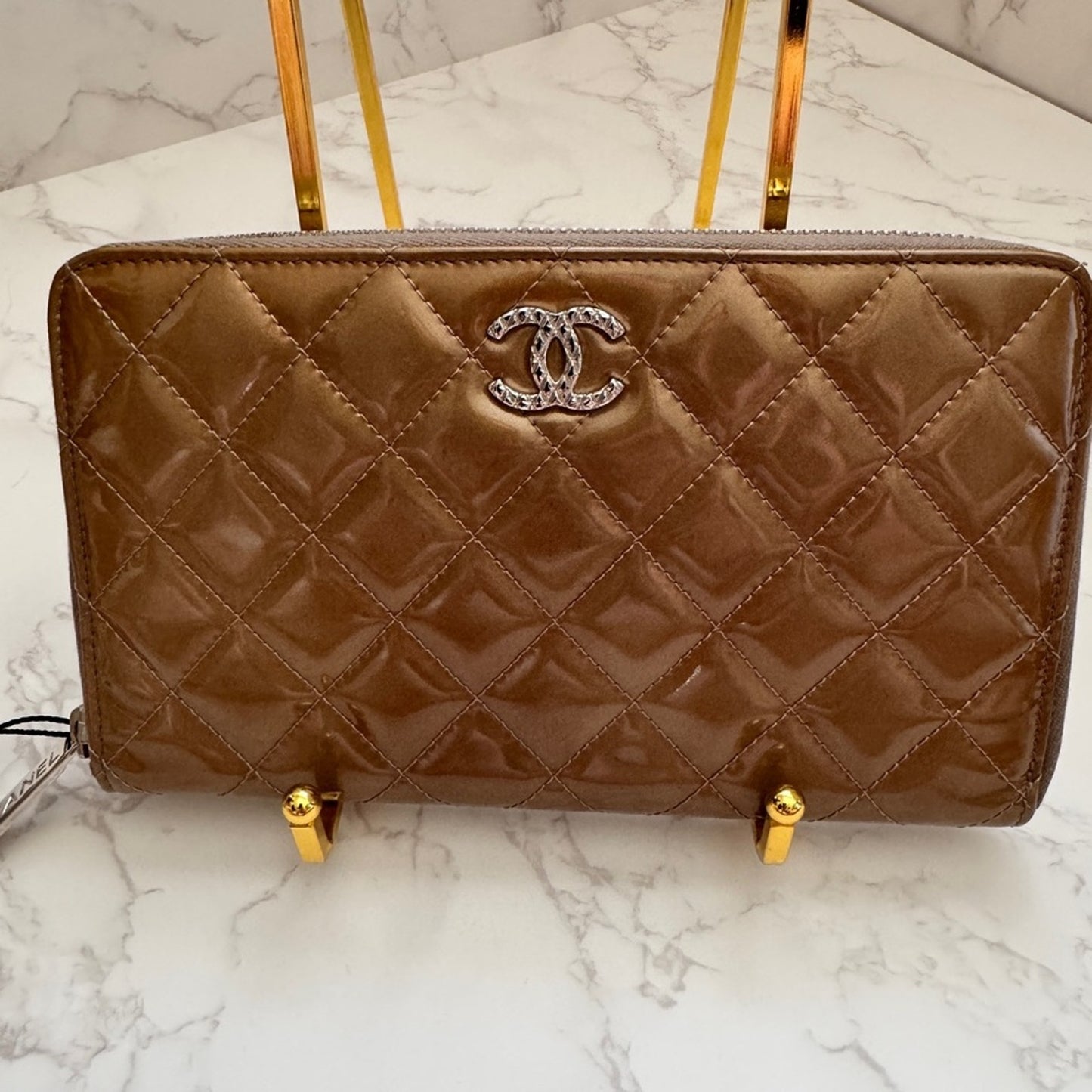 Chanel Quilted Patent Leather Zip Around Wallet - Bronze/Brown