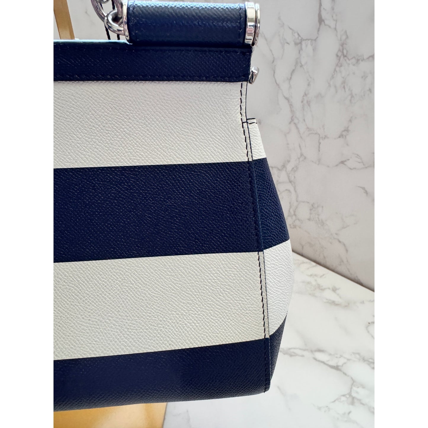 Dolce & Gabbana Siciy Striped Dauphine Leather Bag -  Navy/White