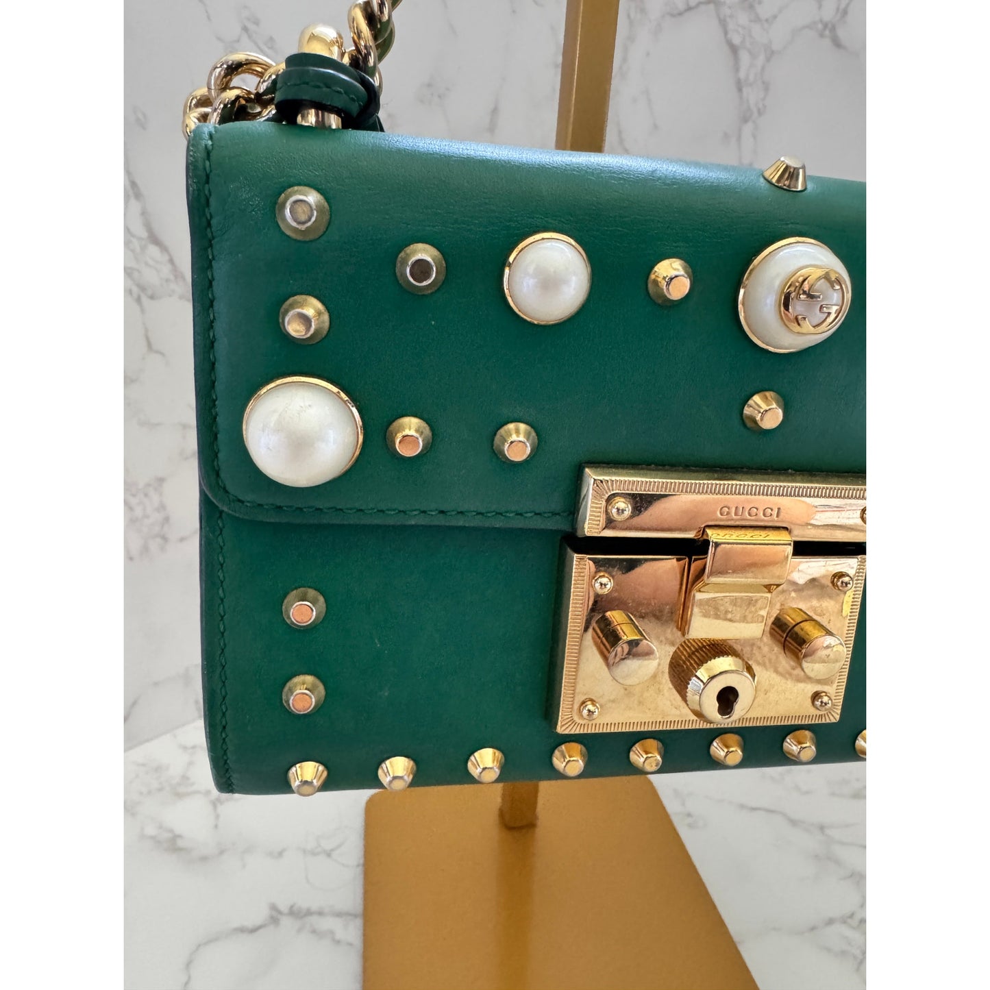 Gucci Green Pearl Studded Padlock Bag in Calfskin Leather