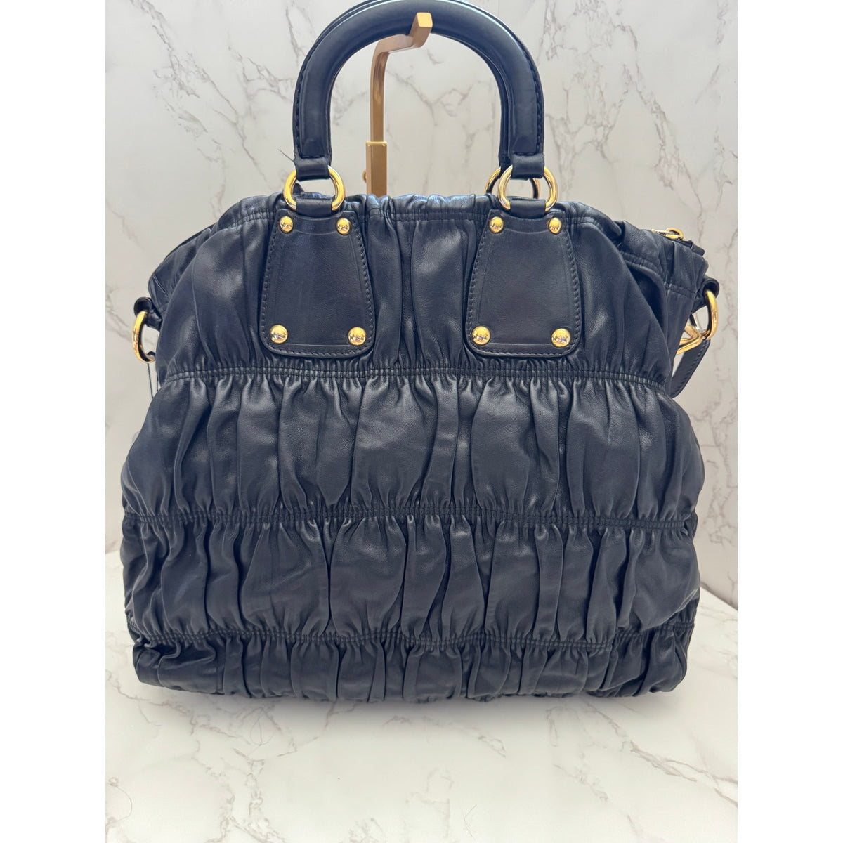 Prada Black Nappa Gaufre Ruched Leather Bag with GHW