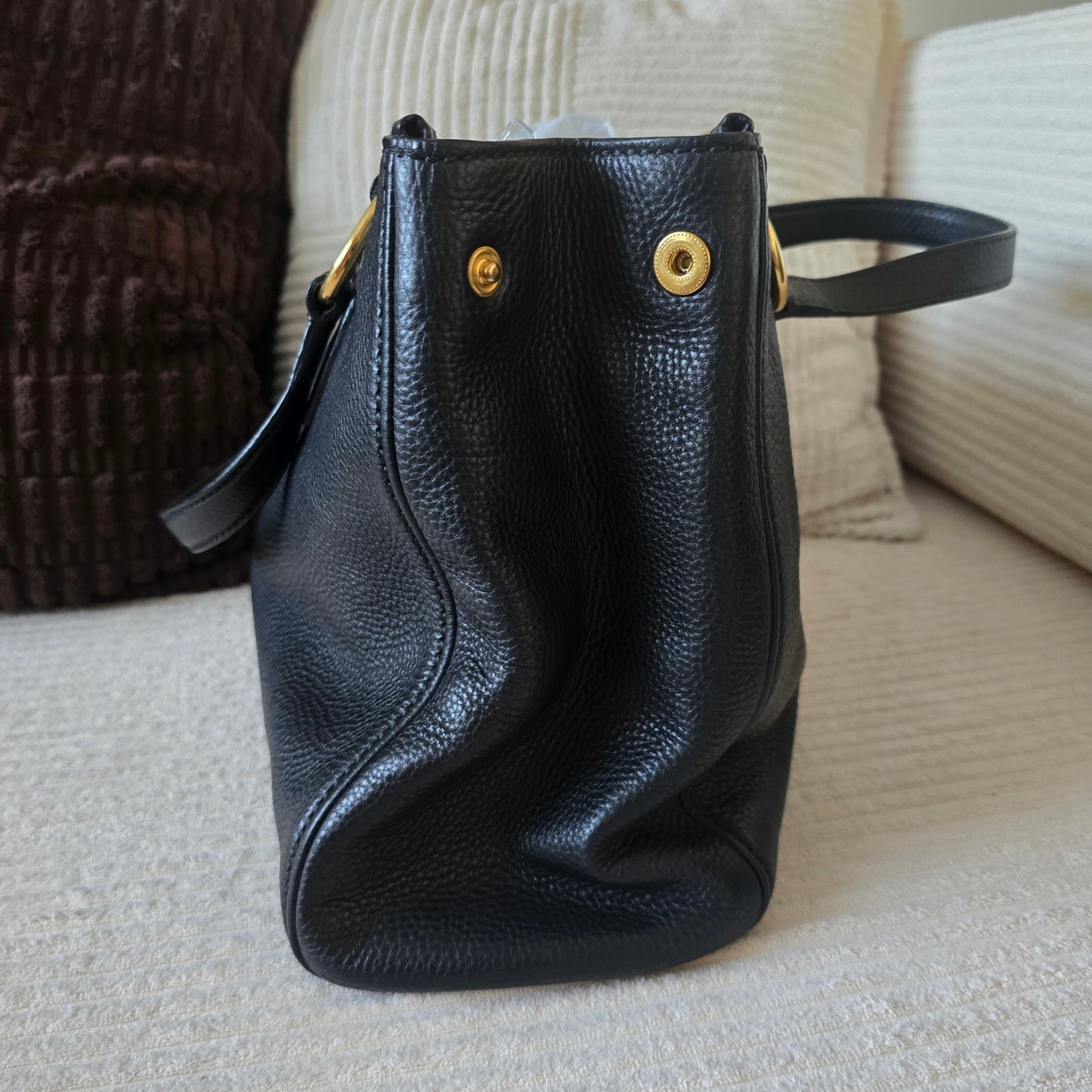 Miu Miu Black Vitello Caribu Leather Double Zip Large Tote Bag Gold