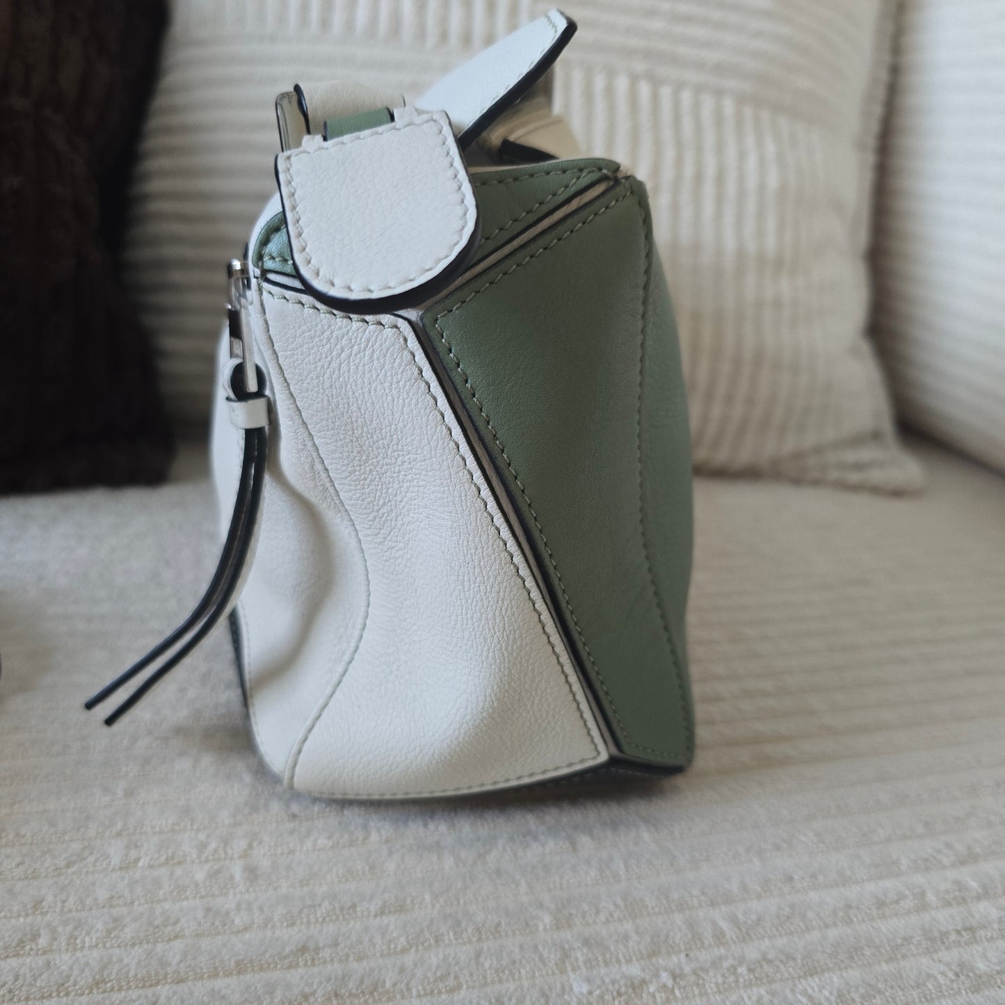LOEWE Puzzle Bag Small Tricolor Green White Black Leather Crossbody