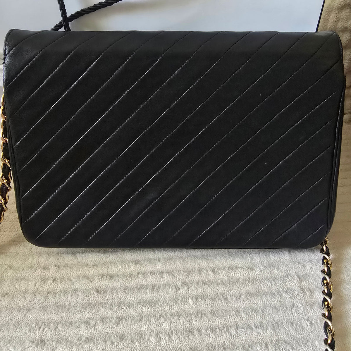 CHANEL Vintage Black Lambskin Diagonal Stitch Chain Flap Bag GHW