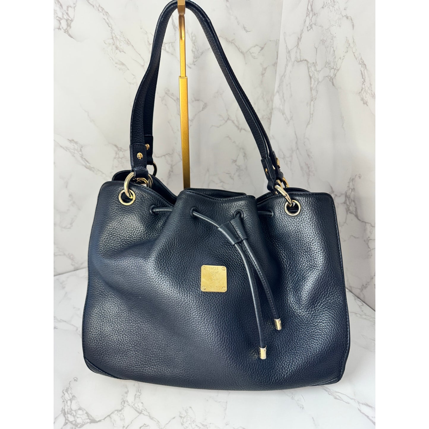 MCM Bucket Bag in Black Pebbled Leather