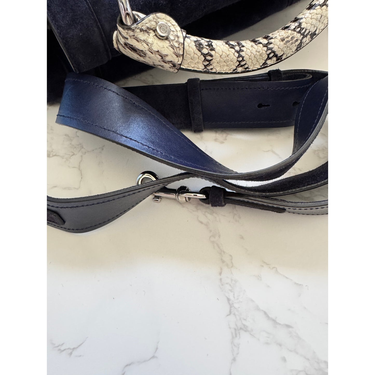 Salvatore Ferragamo Blue Suede and Exotic Python Top Handle Sophia Bag