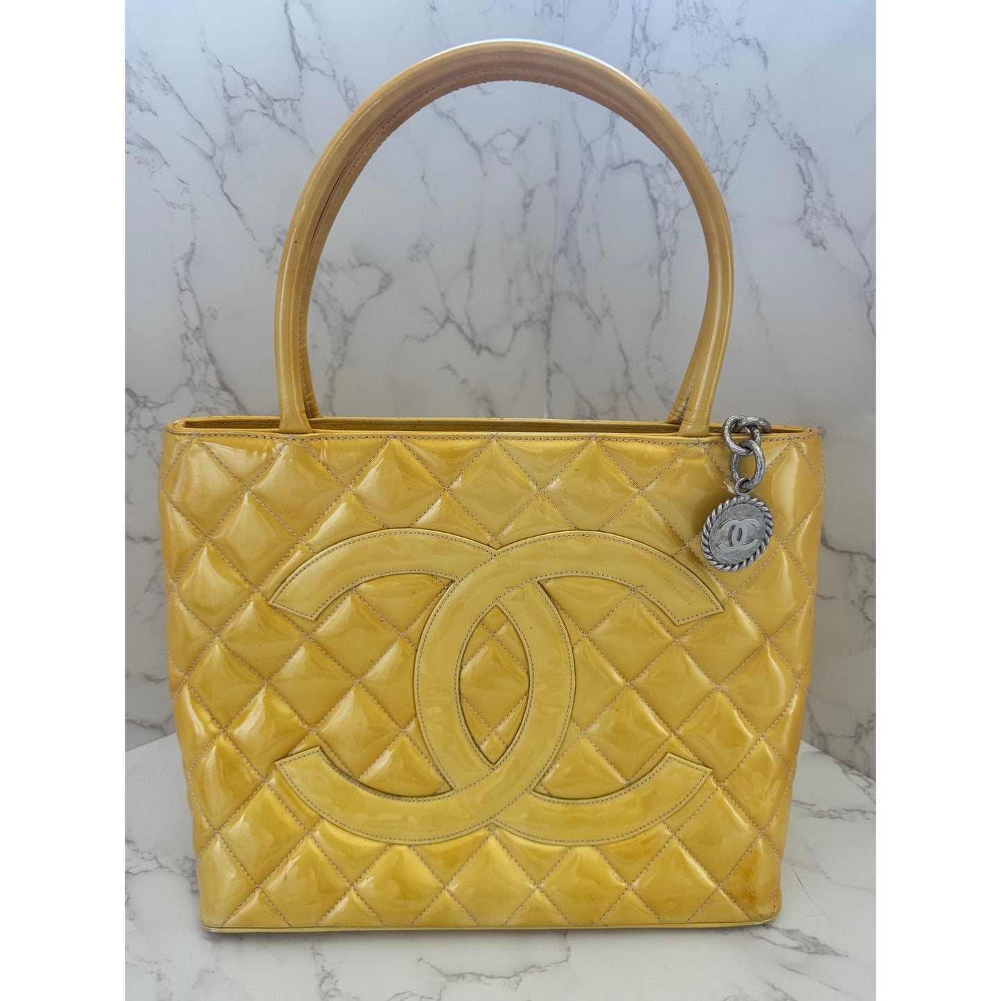 Chanel Yellow Patent Leather Medallion Tote Vintage