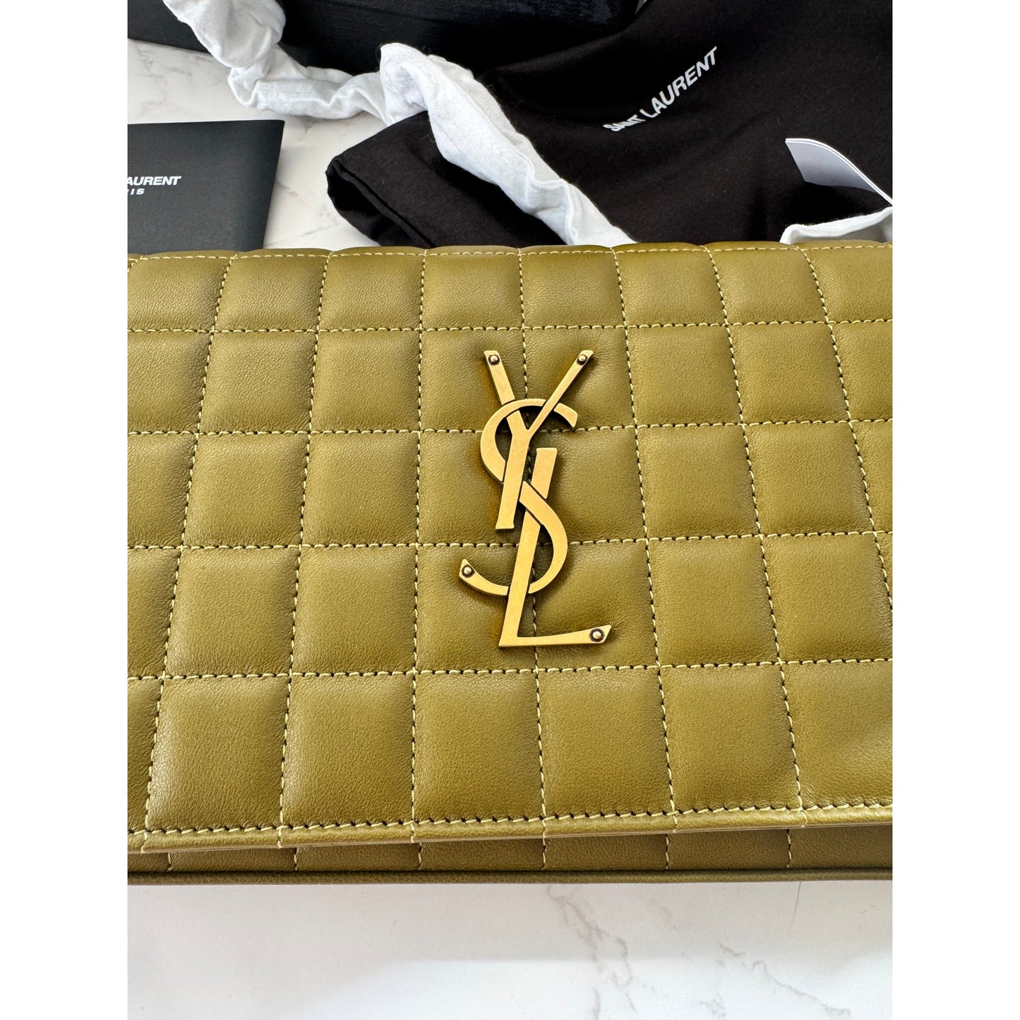 YSL Quilted Carre Cassandre Chain Wallet in Olive Green