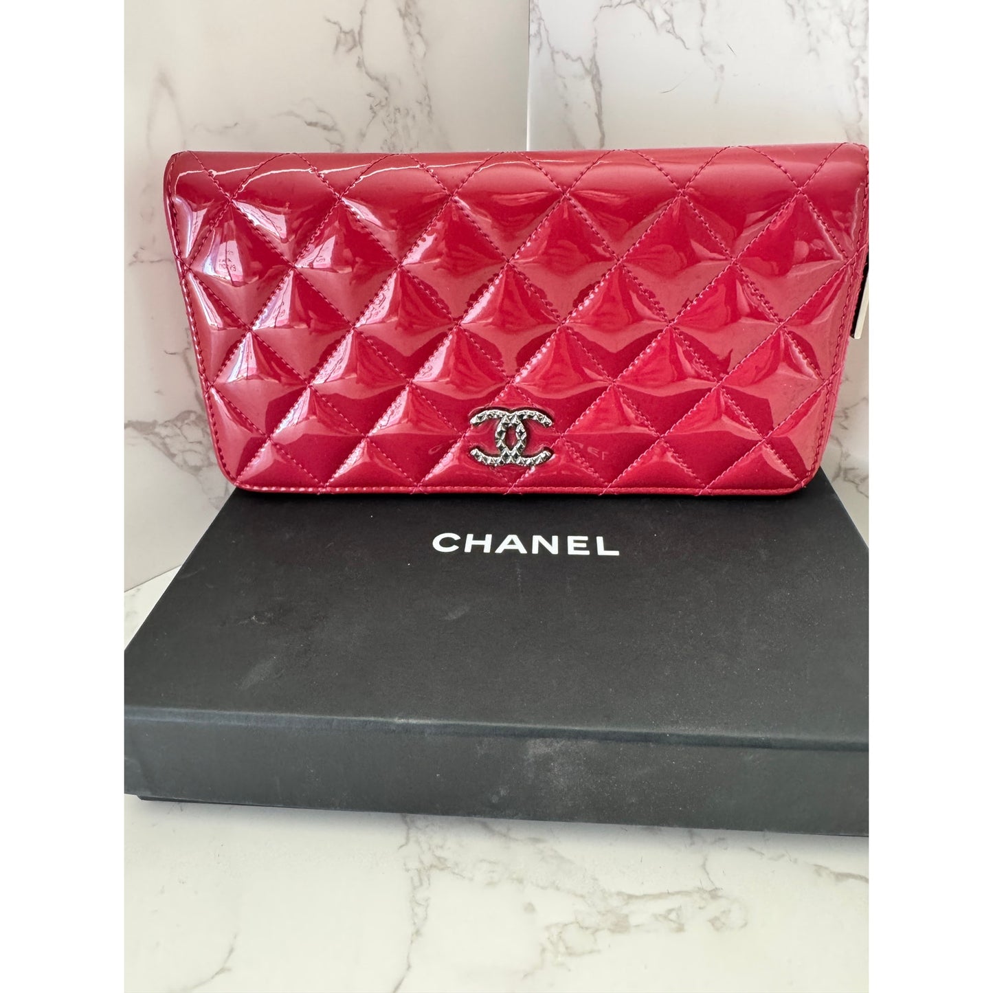Chanel Red Quilted Patent Leather Zip Around Wallet w/Silver Tone CC