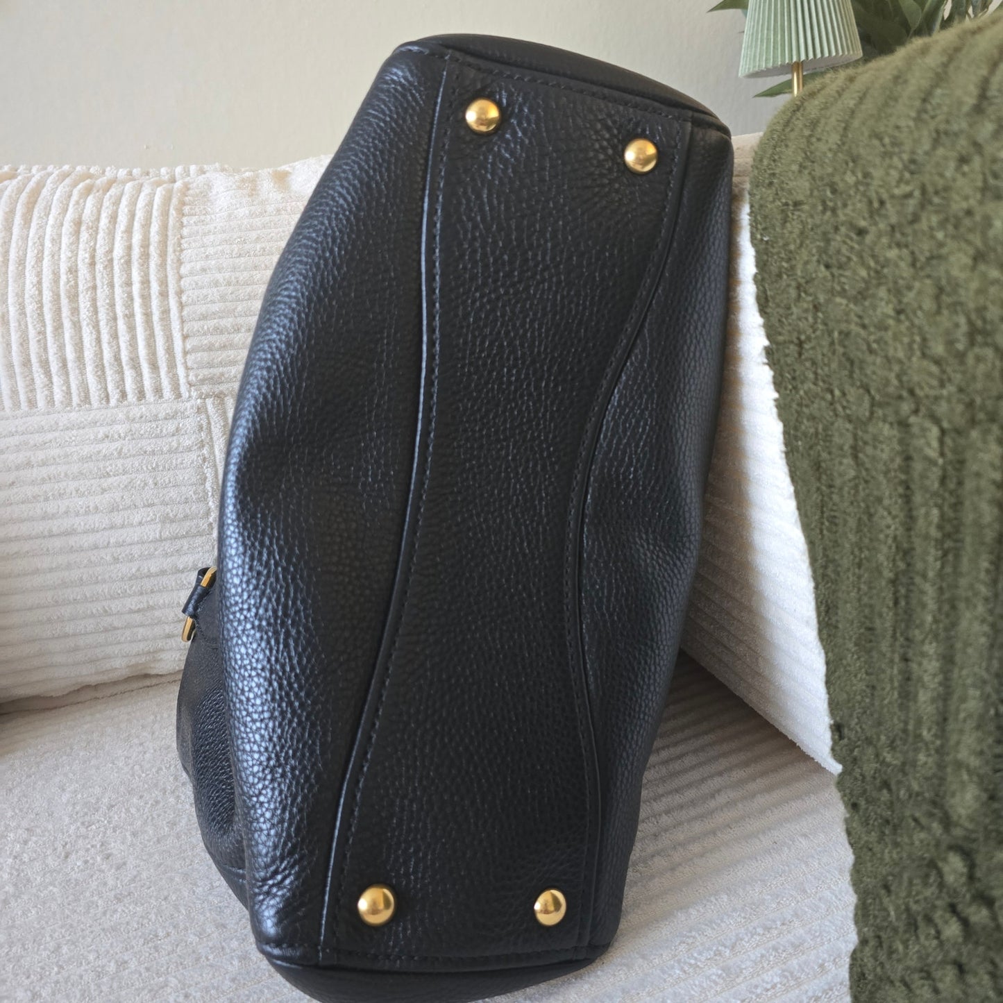 Miu Miu Black Vitello Caribu Leather Double Zip Large Tote Bag Gold