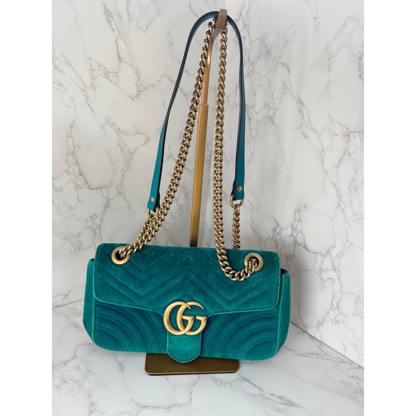Gucci GG Marmont Velvet Shoulder Bag in a Gorgeous Green Teal Colorway