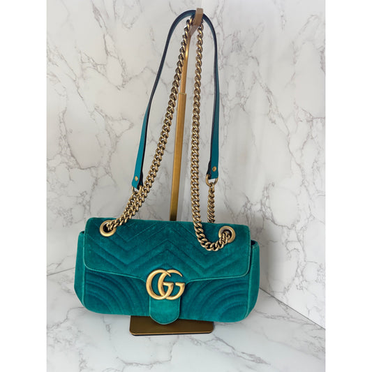 Gucci GG Marmont Velvet Shoulder Bag in a Gorgeous Green Teal Colorway