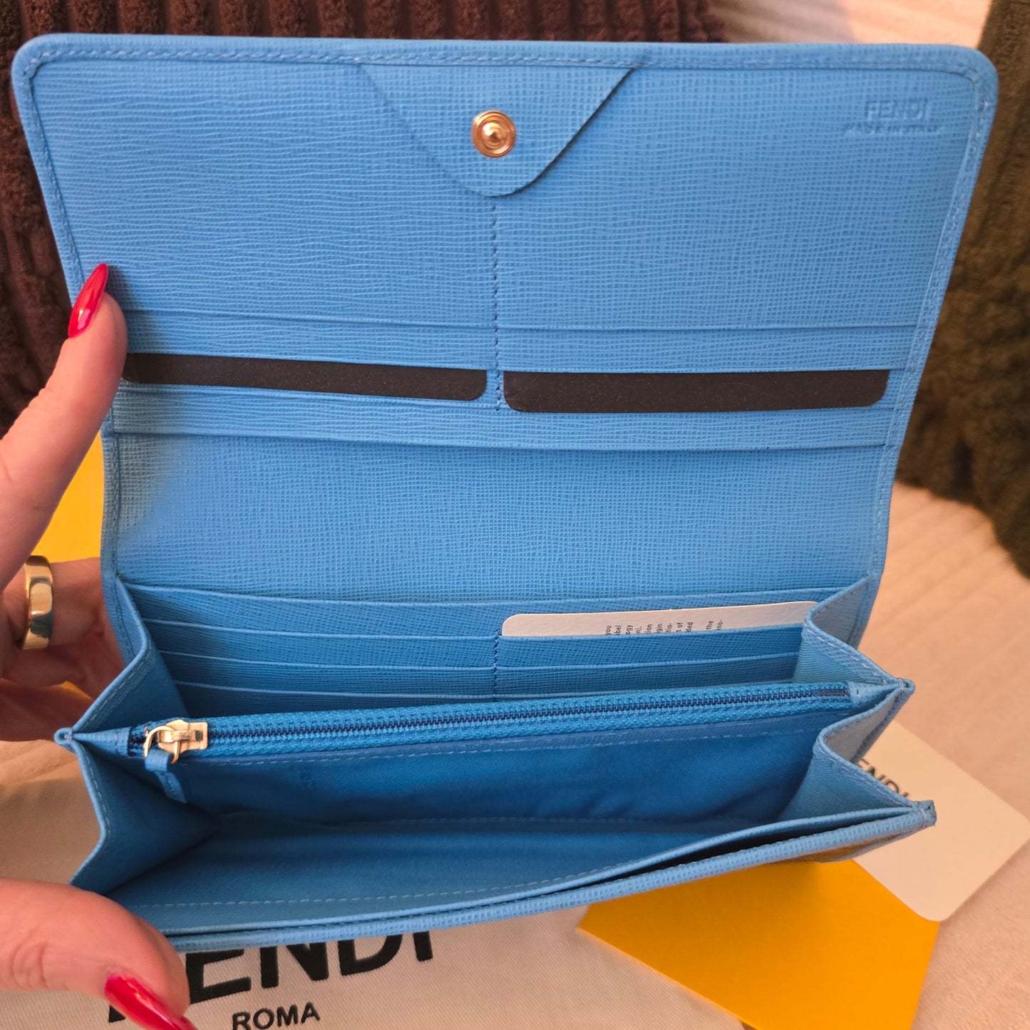 Fendi Zucca FF Monogram Continental Long Wallet Blue Leather Trim Box NWT