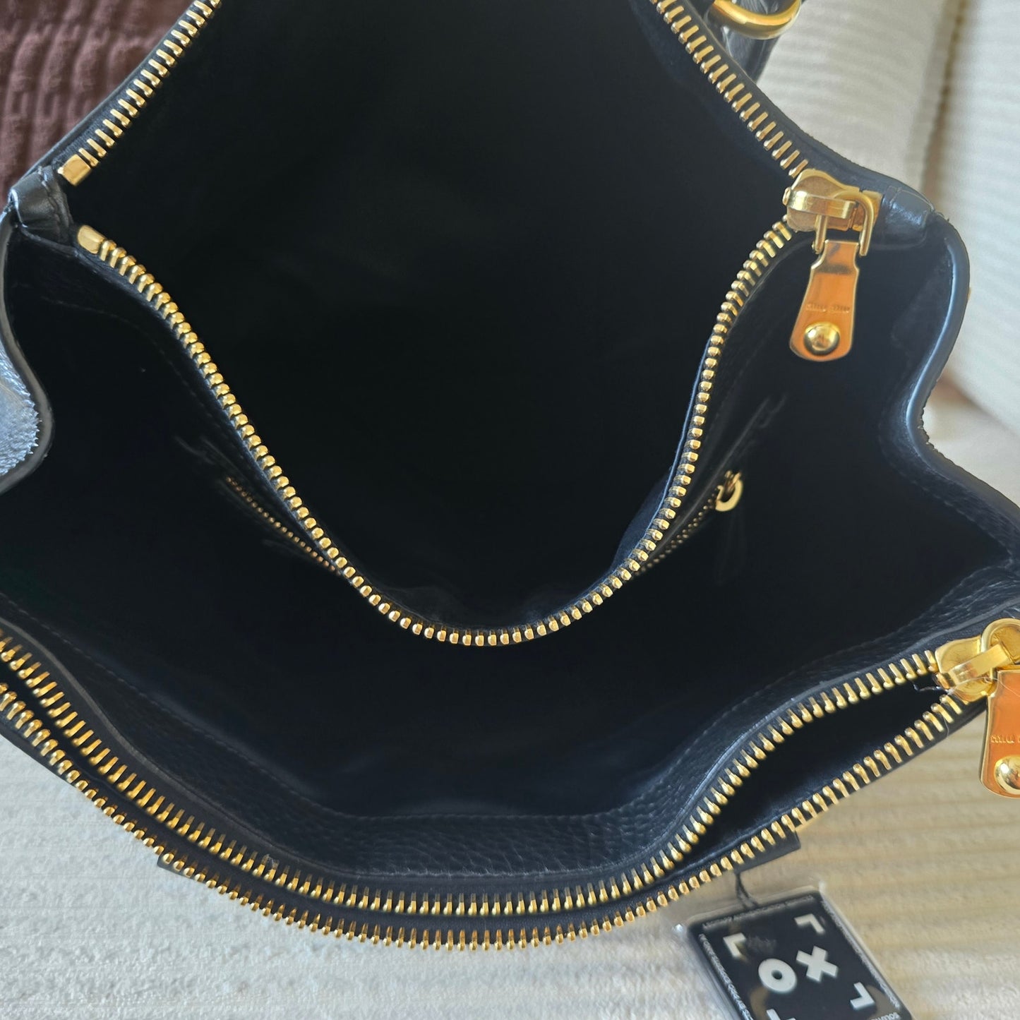 Miu Miu Black Vitello Caribu Leather Double Zip Large Tote Bag Gold