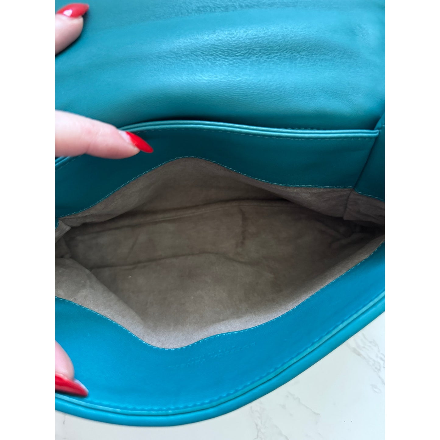 Bottega Veneta Intrecciato Olimpia Shoulder Bag in Teal Blue