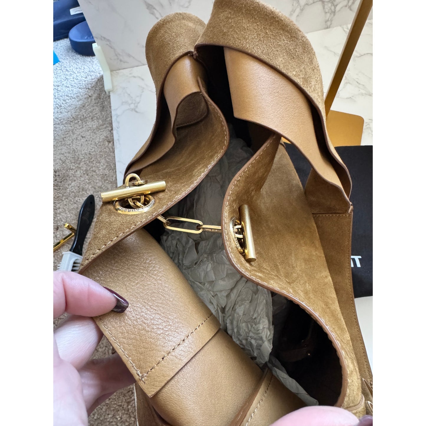 YSL Signature Tanger Bisquit Brown Suede