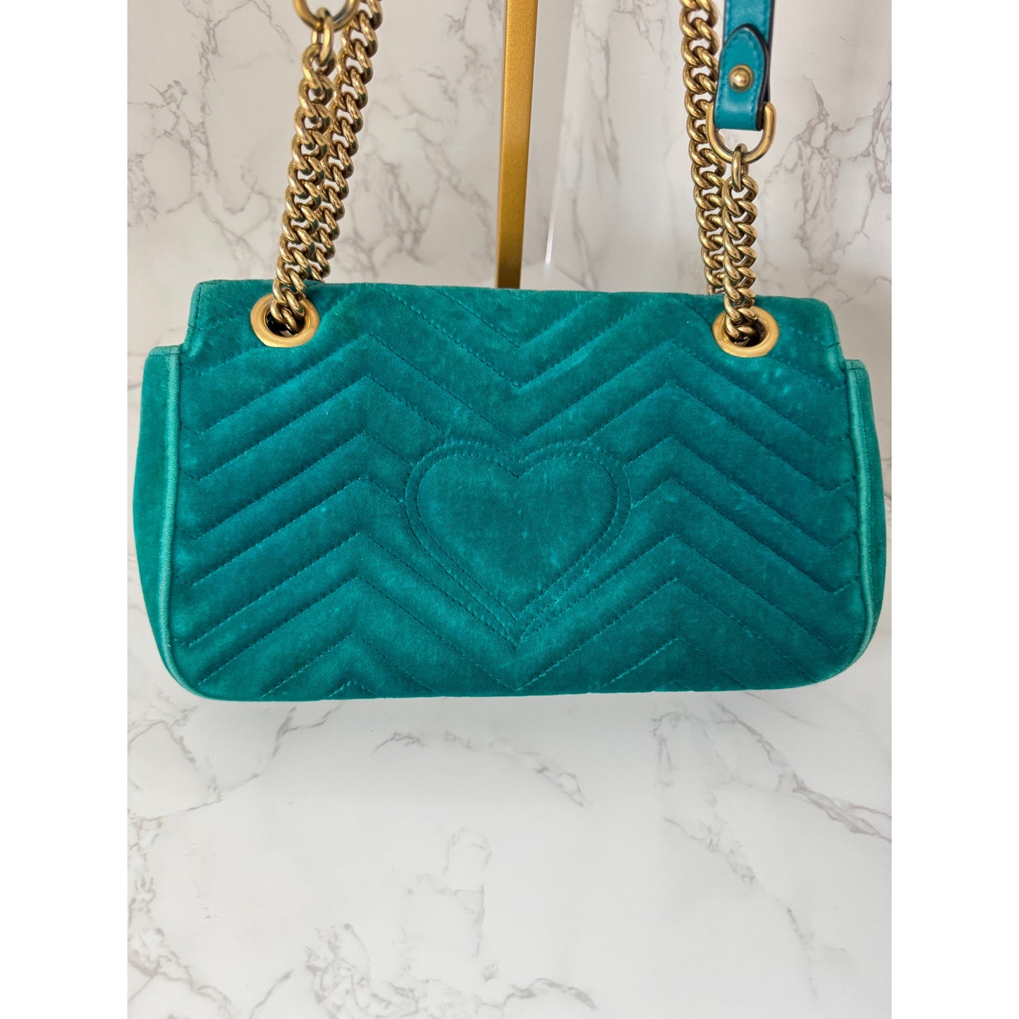 Gucci GG Marmont Velvet Shoulder Bag in a Gorgeous Green Teal Colorway