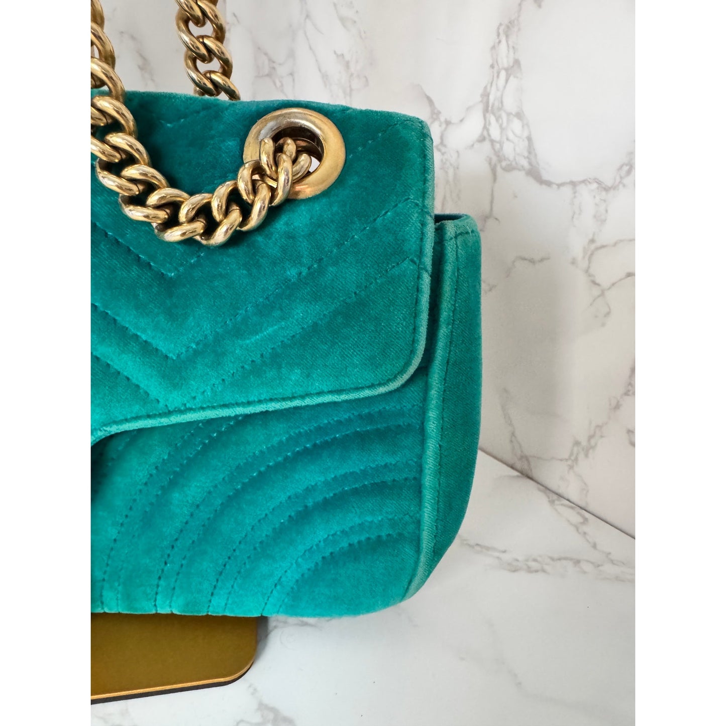 Gucci GG Marmont Velvet Shoulder Bag in a Gorgeous Green Teal Colorway
