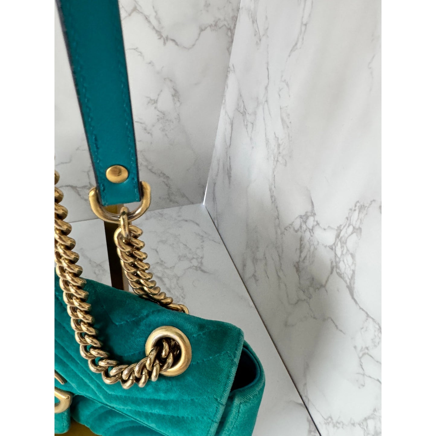 Gucci GG Marmont Velvet Shoulder Bag in a Gorgeous Green Teal Colorway