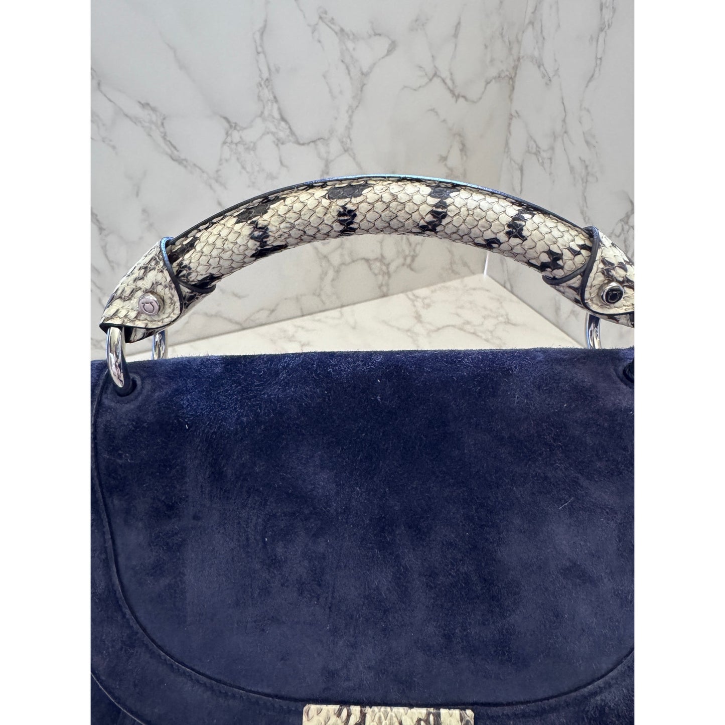 Salvatore Ferragamo Blue Suede and Exotic Python Top Handle Sophia Bag