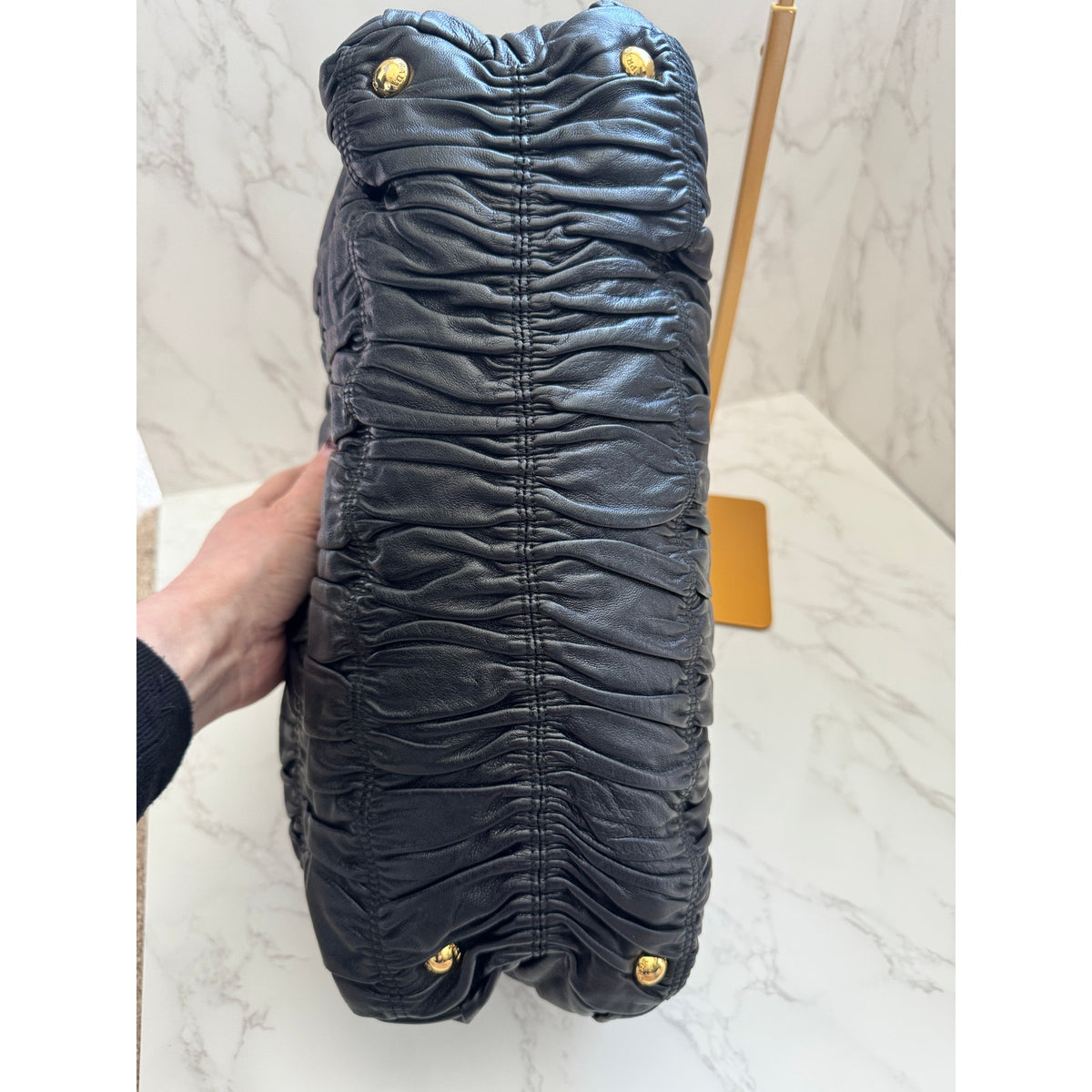 Prada Black Nappa Gaufre Ruched Leather Bag with GHW