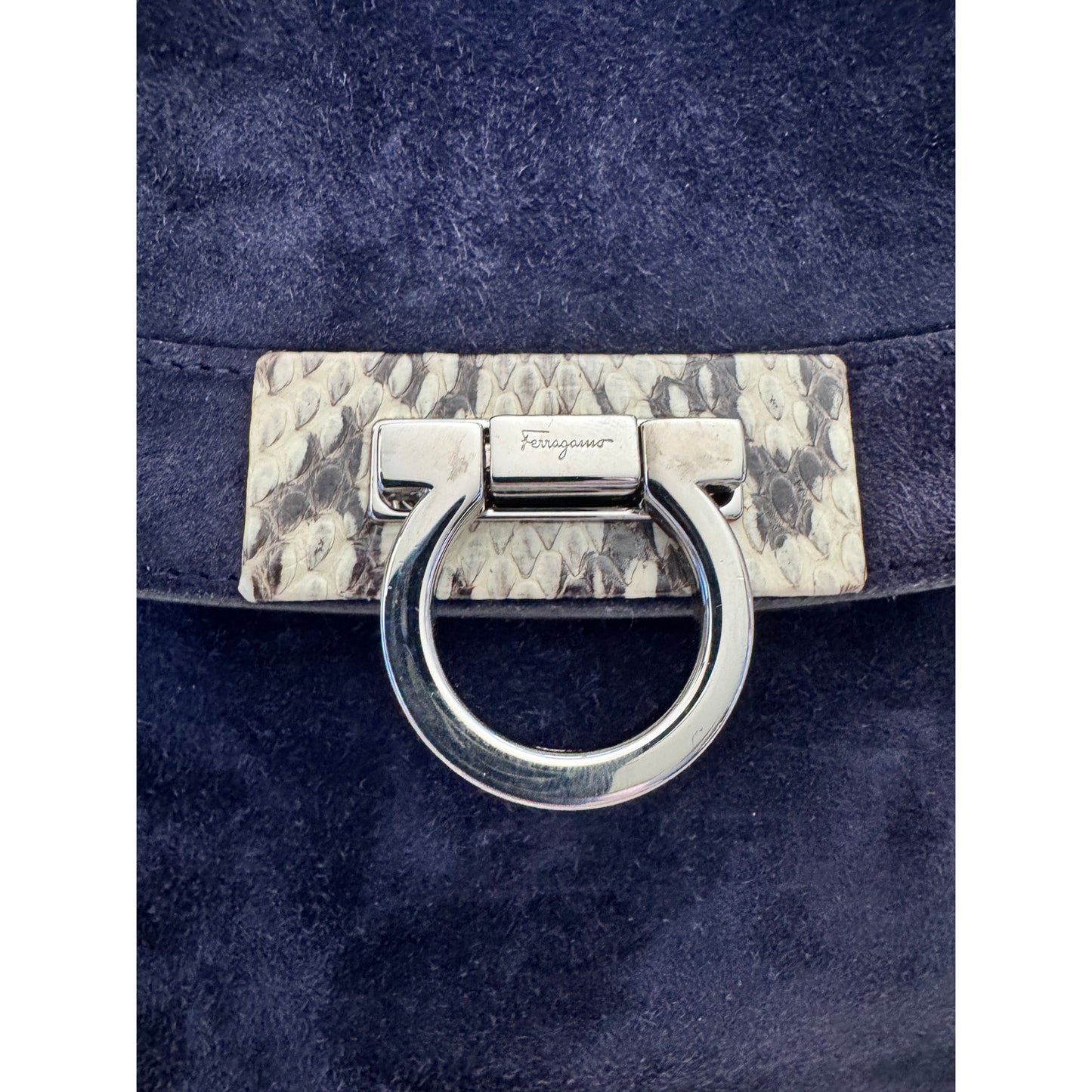 Salvatore Ferragamo Blue Suede and Exotic Python Top Handle Sophia Bag