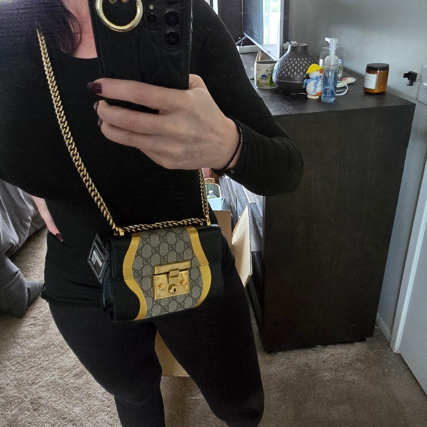 Gucci Padlock Calfskin GG Supreme Monogram Small Shoulder Bag Black Gold