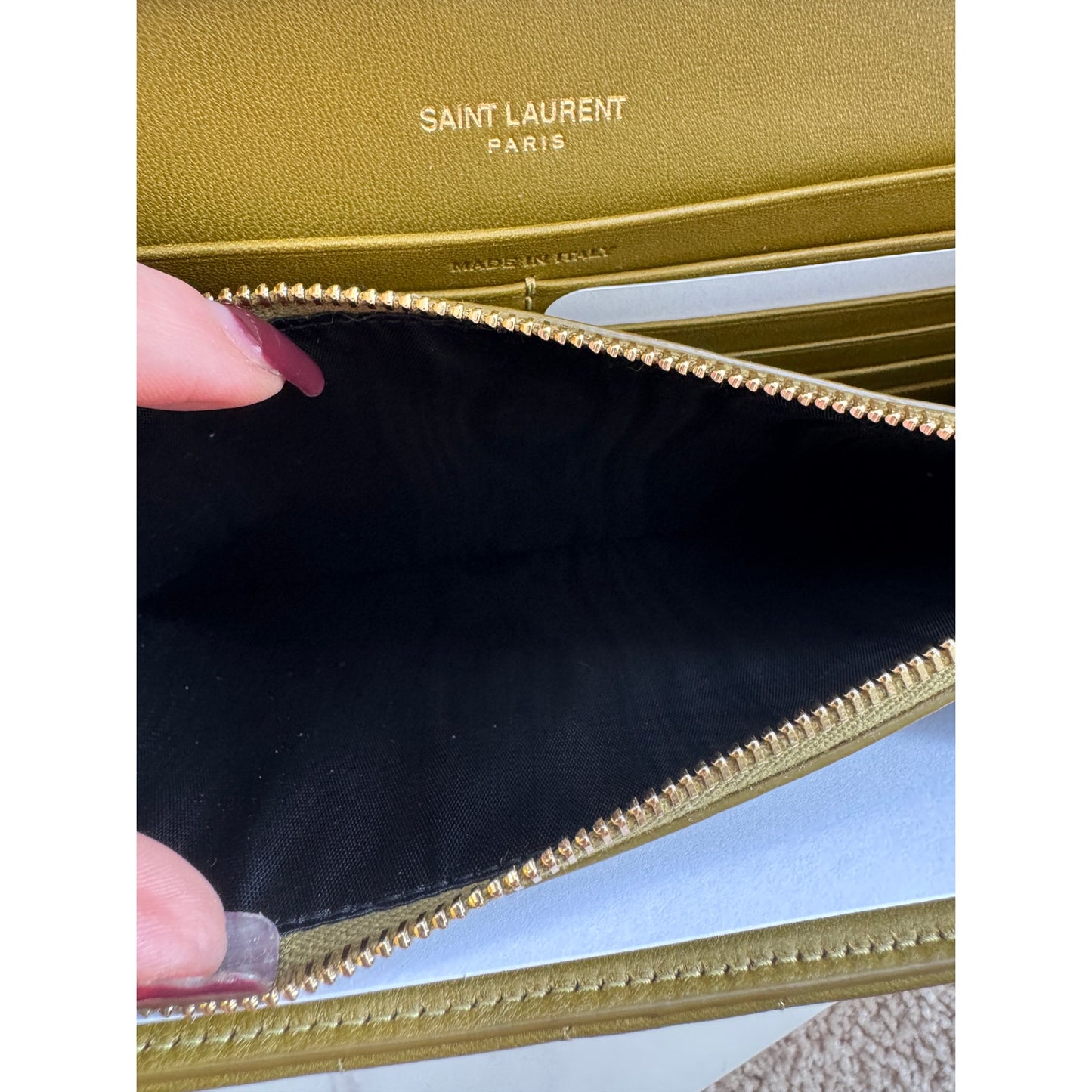 YSL Quilted Carre Cassandre Chain Wallet in Olive Green