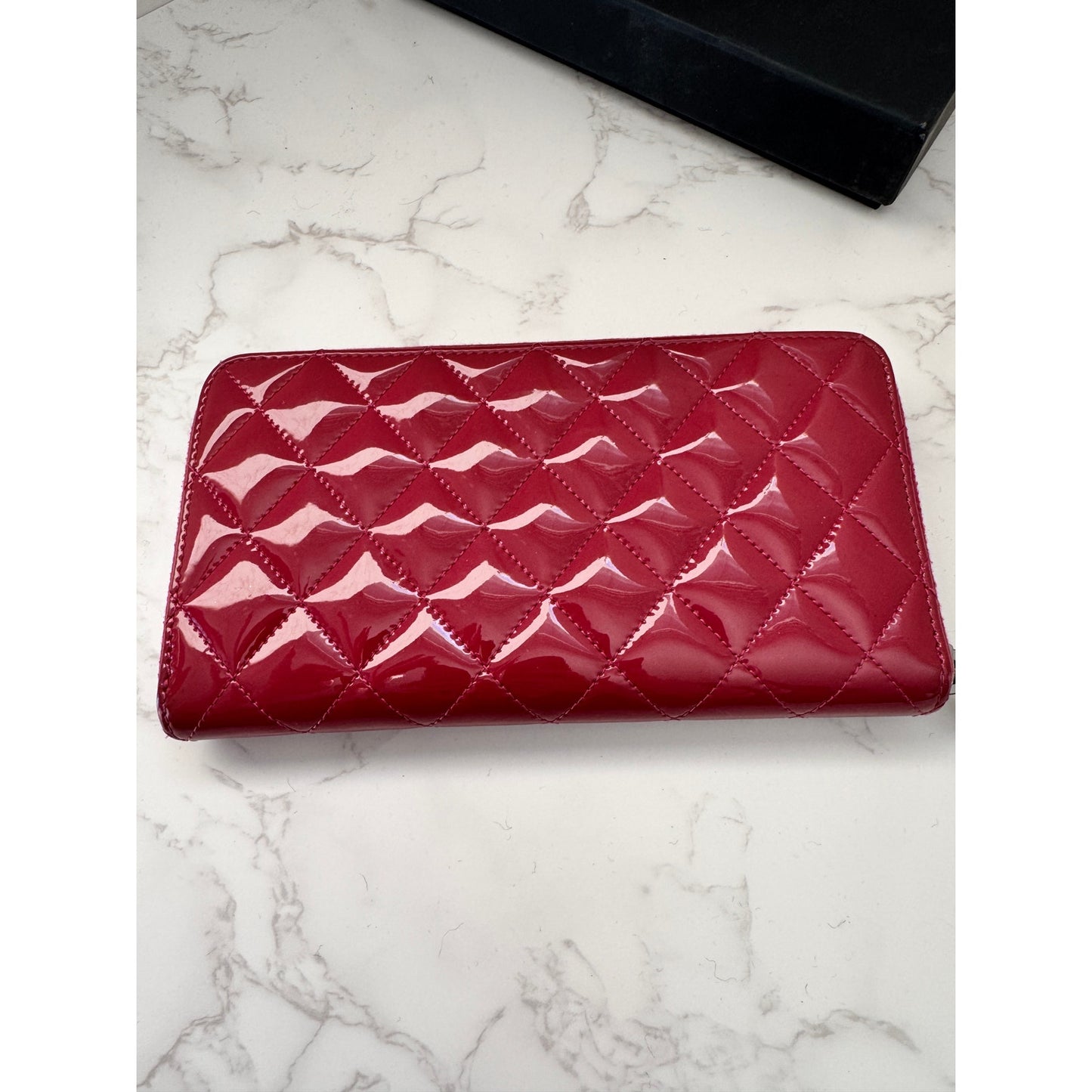 Chanel Red Quilted Patent Leather Zip Around Wallet w/Silver Tone CC