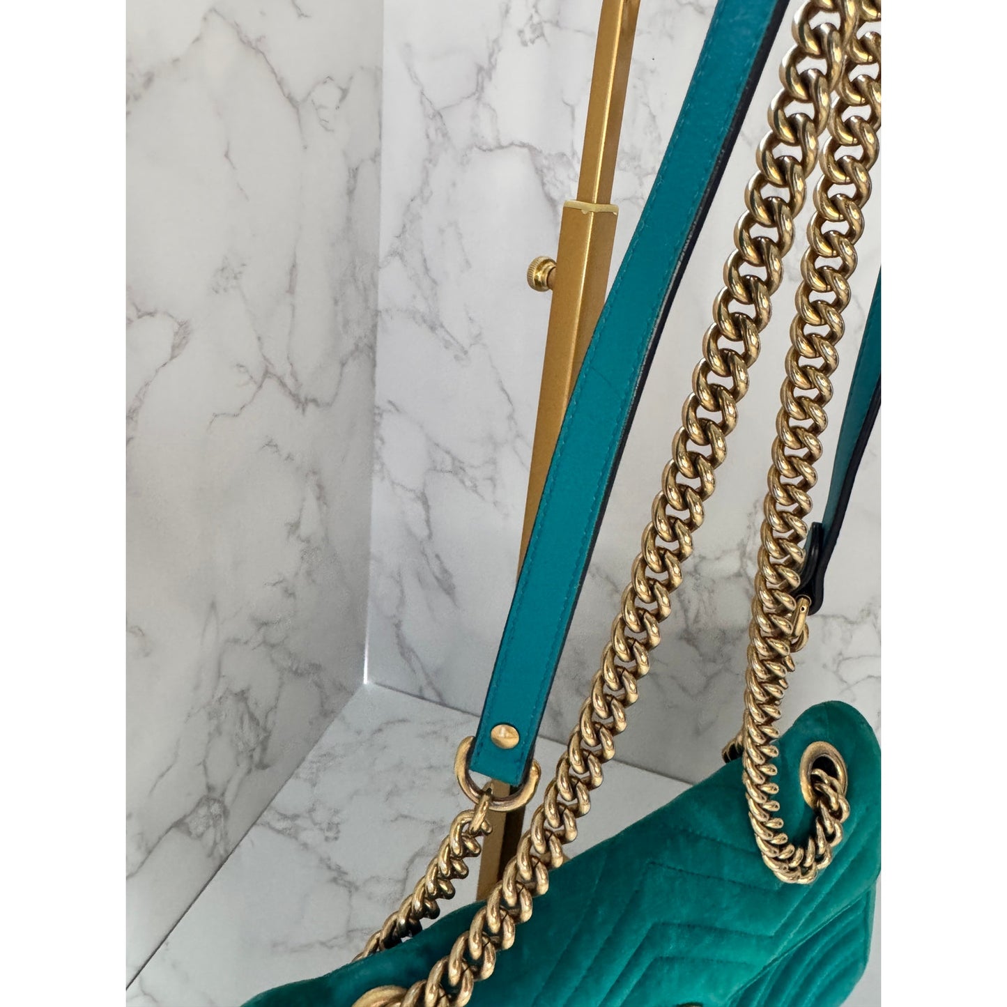Gucci GG Marmont Velvet Shoulder Bag in a Gorgeous Green Teal Colorway