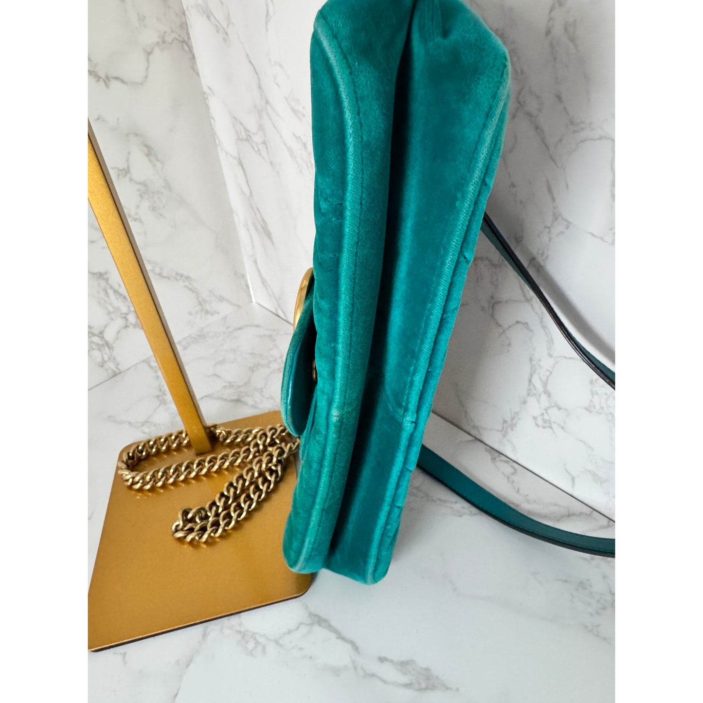 Gucci GG Marmont Velvet Shoulder Bag in a Gorgeous Green Teal Colorway