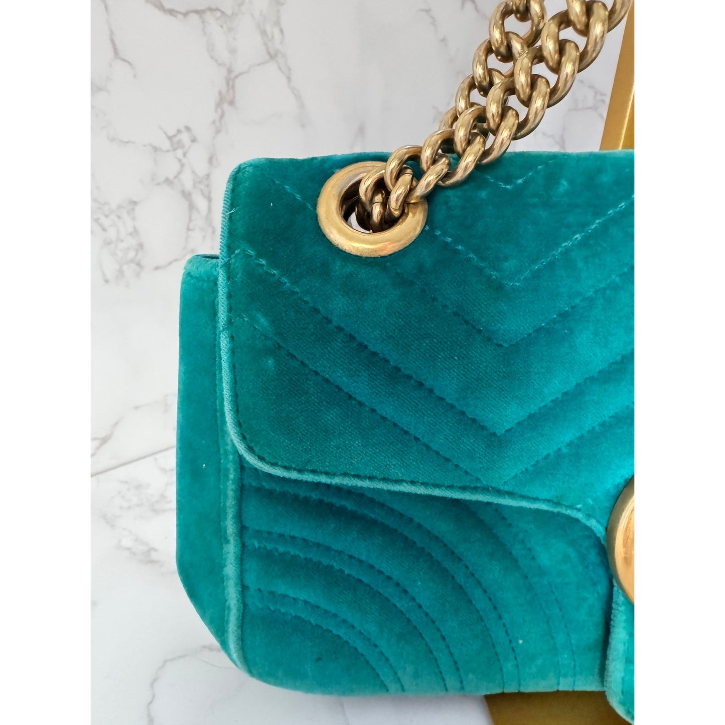 Gucci GG Marmont Velvet Shoulder Bag in a Gorgeous Green Teal Colorway