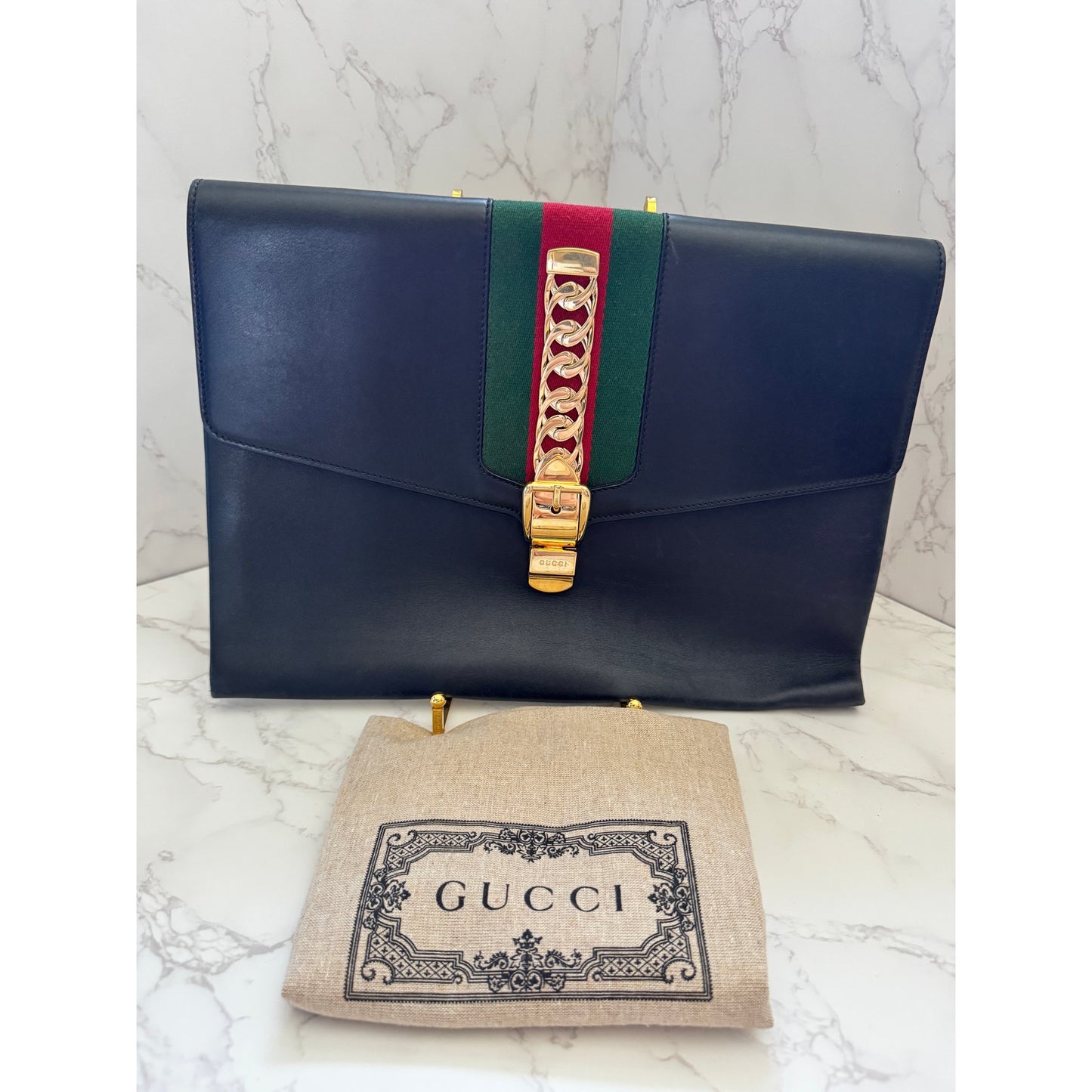 Gucci Sylvie Black Leather Maxi Clutch