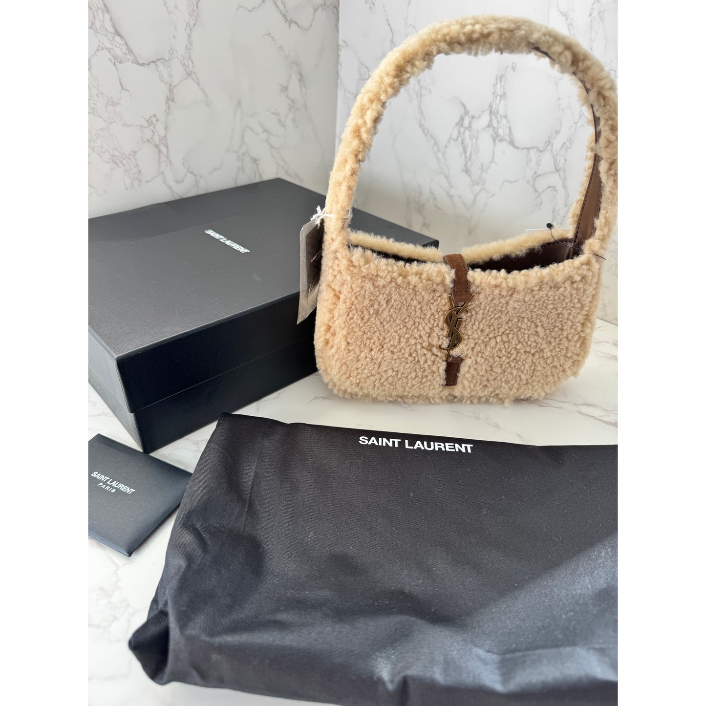 YSL Mini Le 5 A 7 Hobo Bag in Shearling & Dark Sigaro Leather
