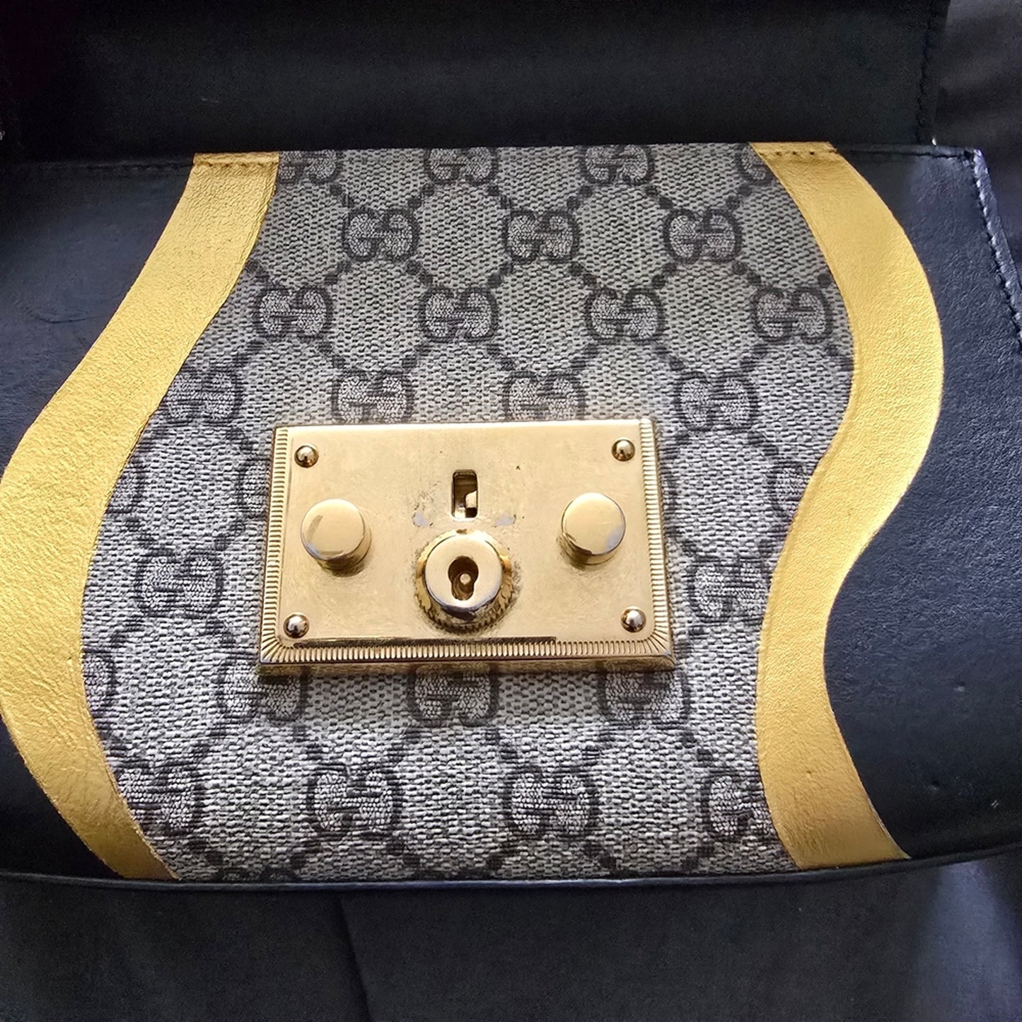 Gucci Padlock Calfskin GG Supreme Monogram Small Shoulder Bag Black Gold